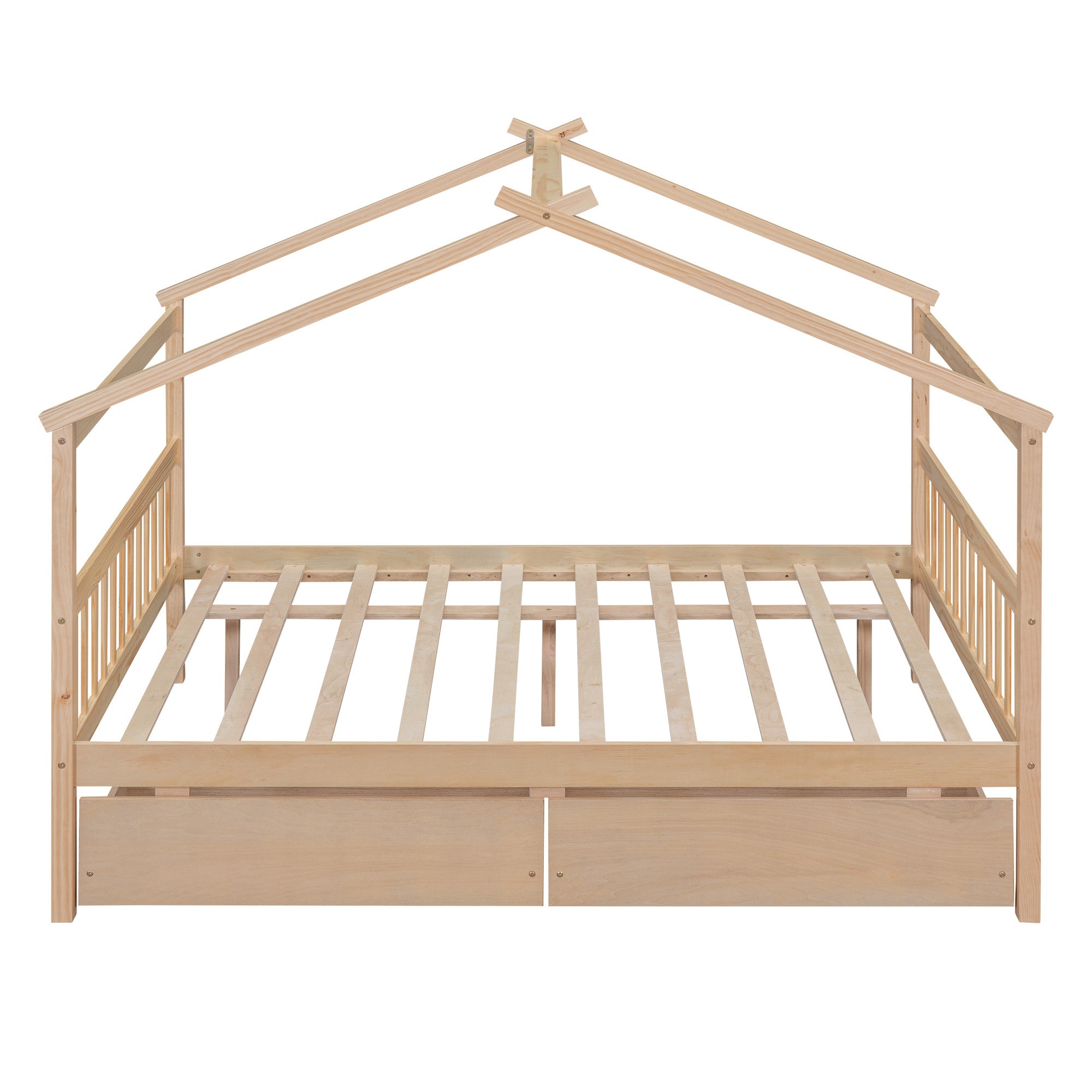Natural wood full canopy bed frame with decorative accents and lighting
