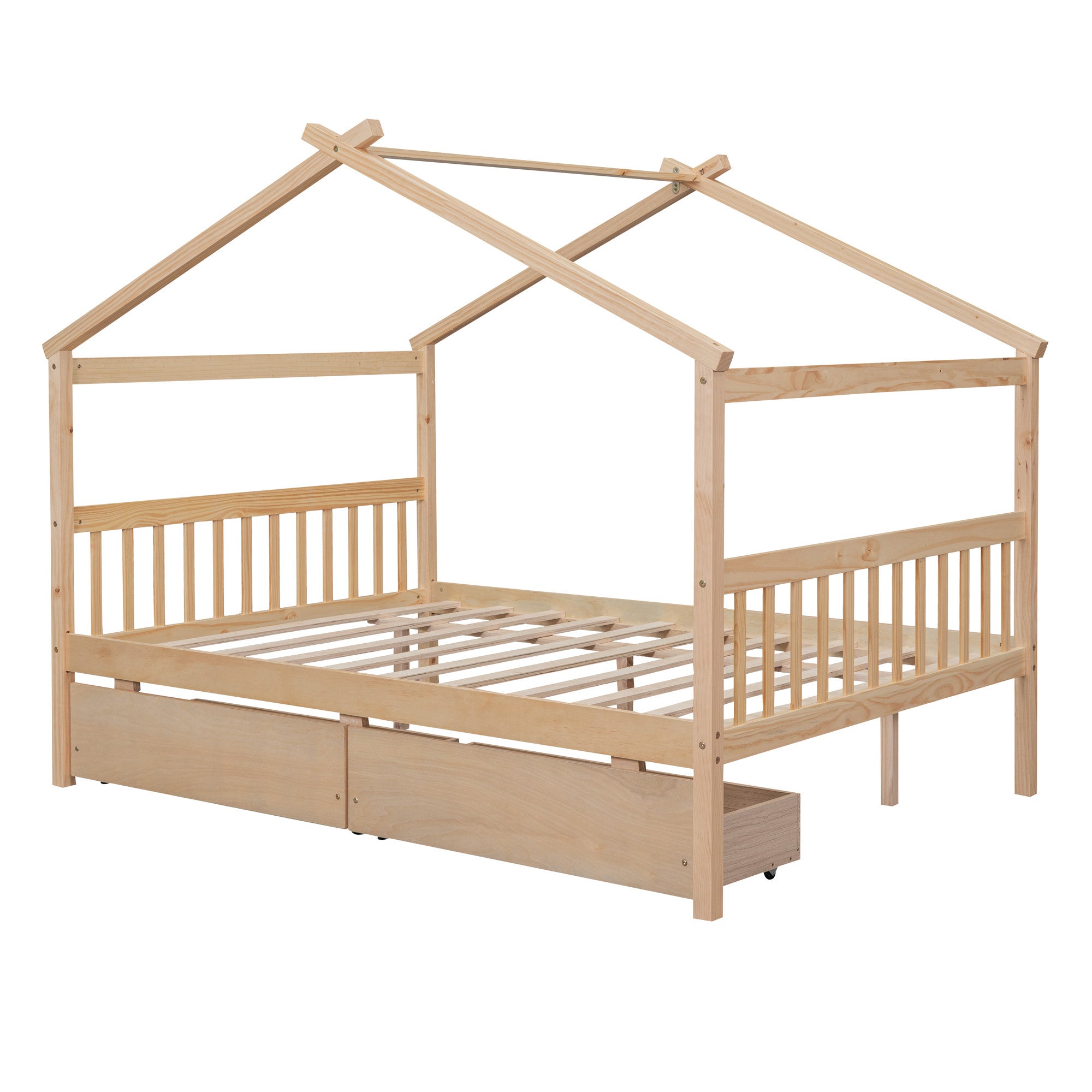 Overall view of the natural wood full canopy bed frame in a stylish bedroom