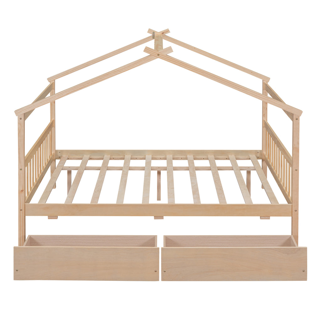 Elegant natural wood full canopy bed frame with drawers in a bedroom setting