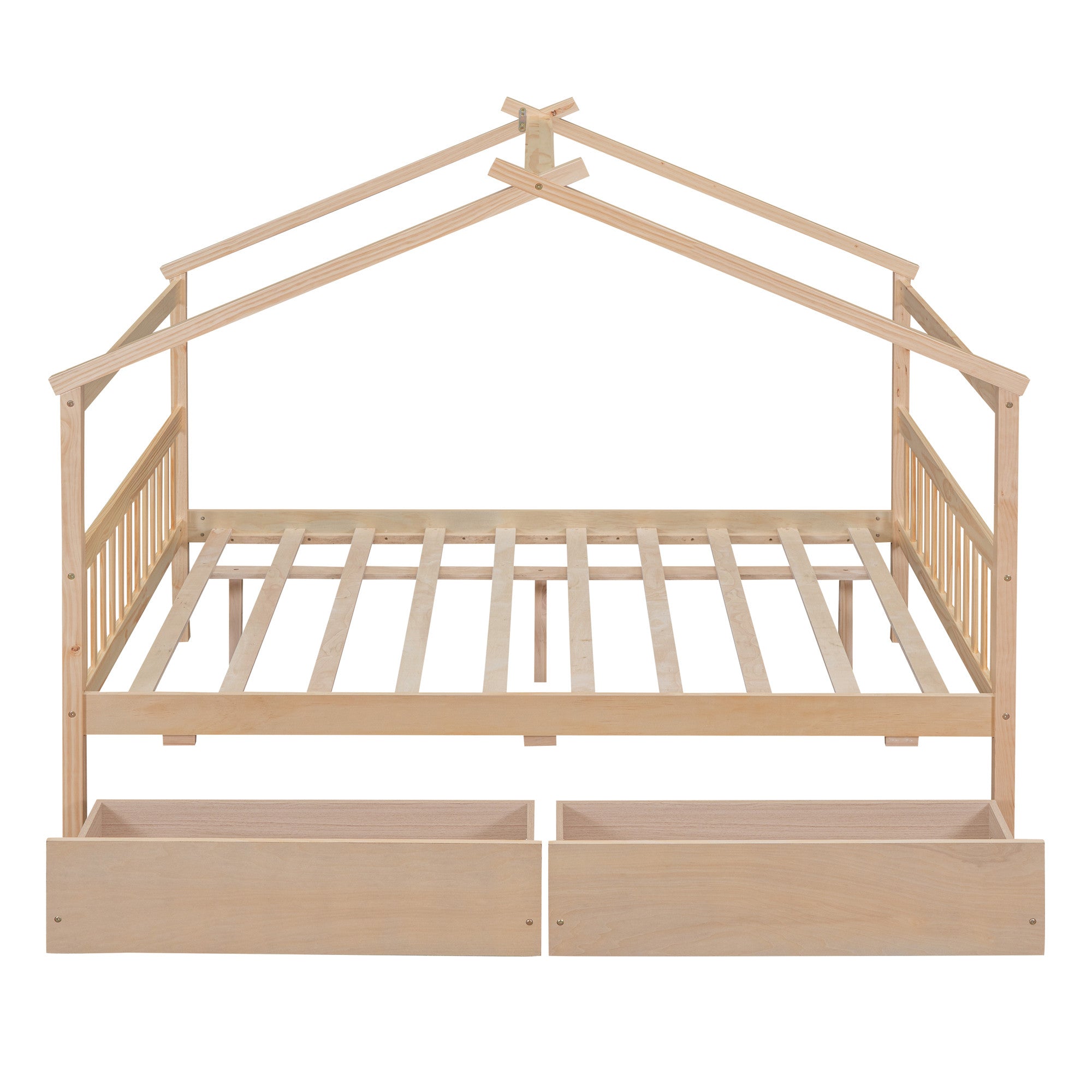Elegant natural wood full canopy bed frame with drawers in a bedroom setting