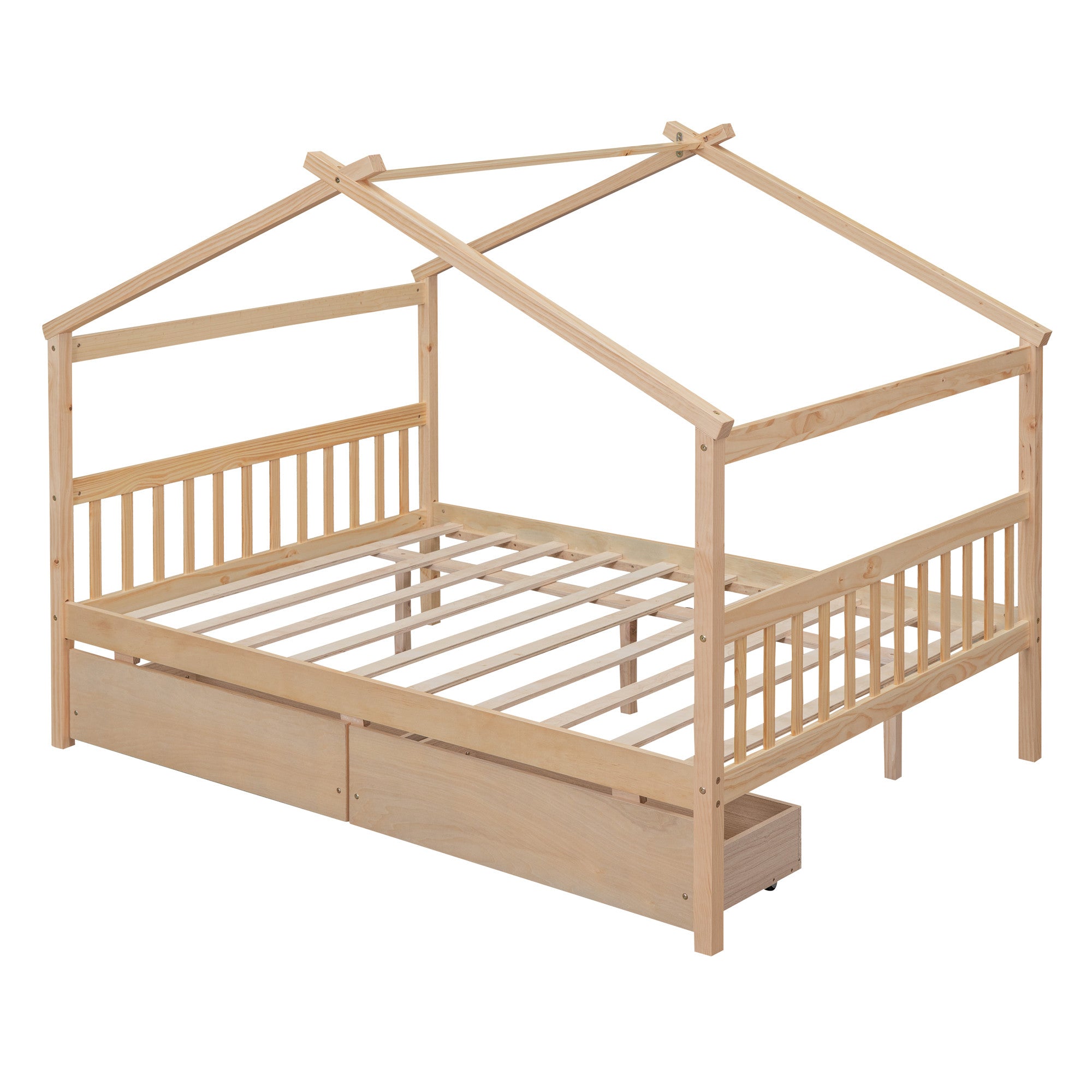 Natural wood full canopy bed frame with pillows and bedding arranged