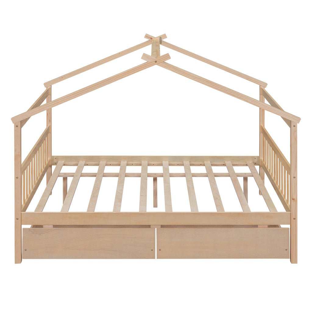 Side view of natural wood full canopy bed frame showcasing storage drawers