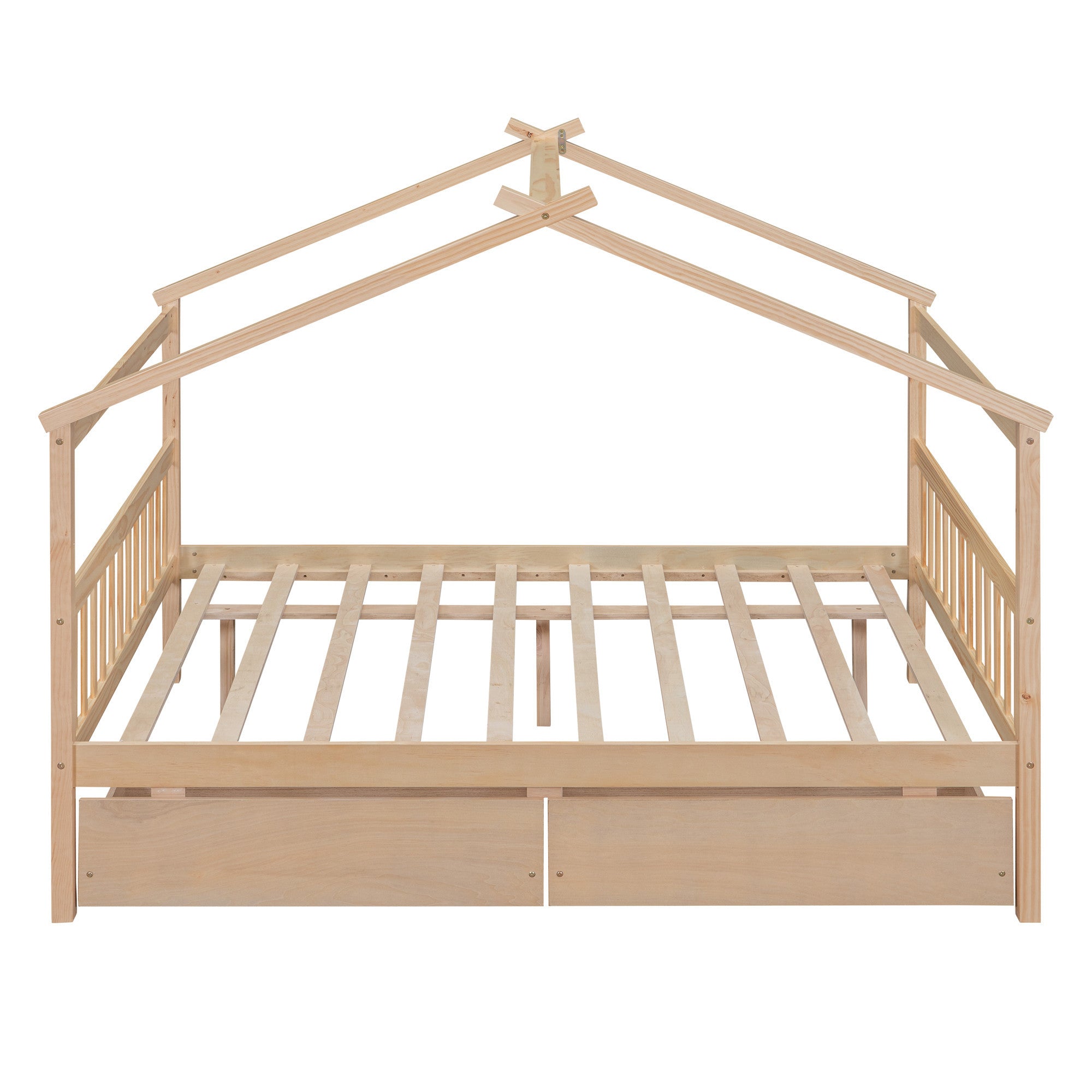 Side view of natural wood full canopy bed frame showcasing storage drawers