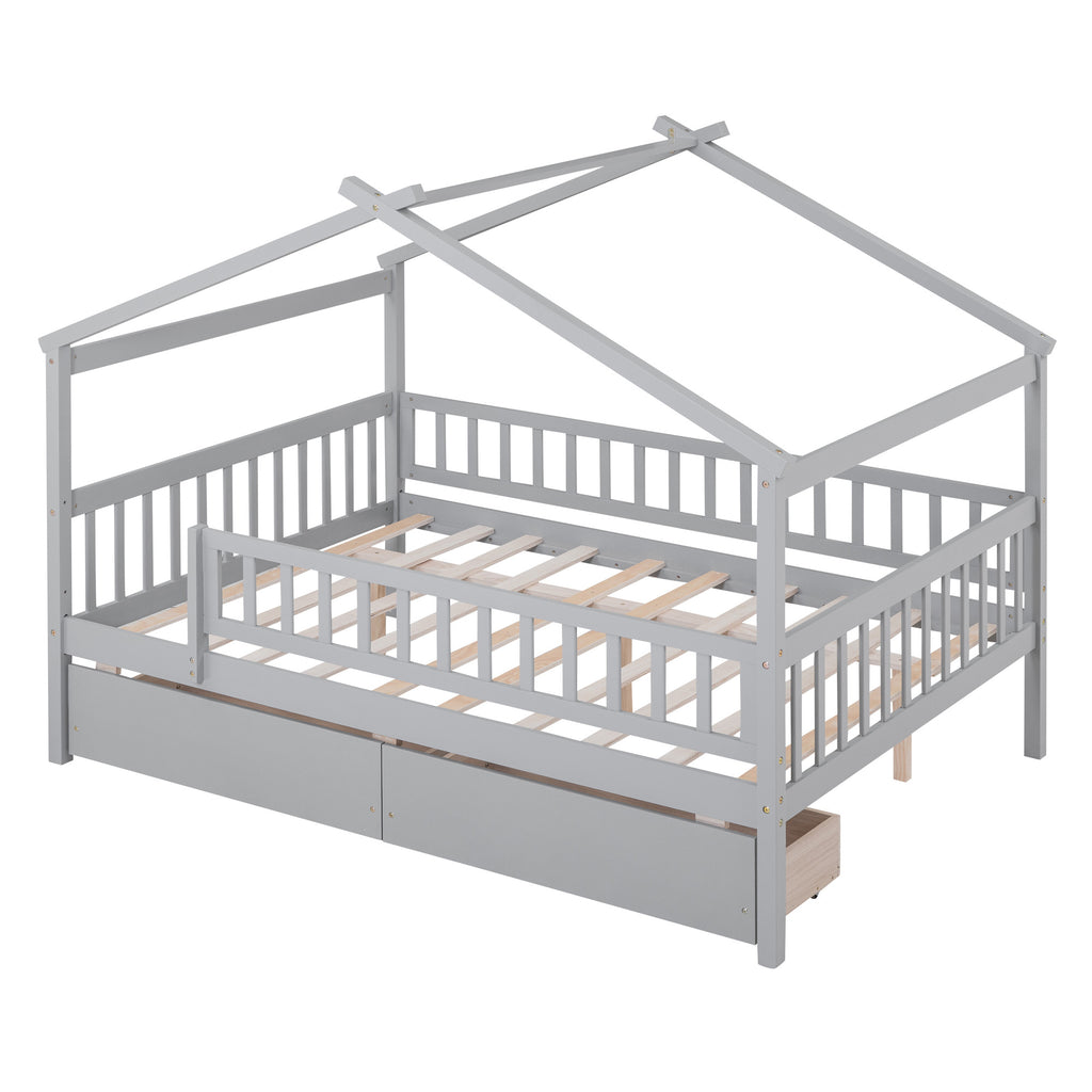 Gray Wood Full Canopy Bed Frame with bedding and pillows styled