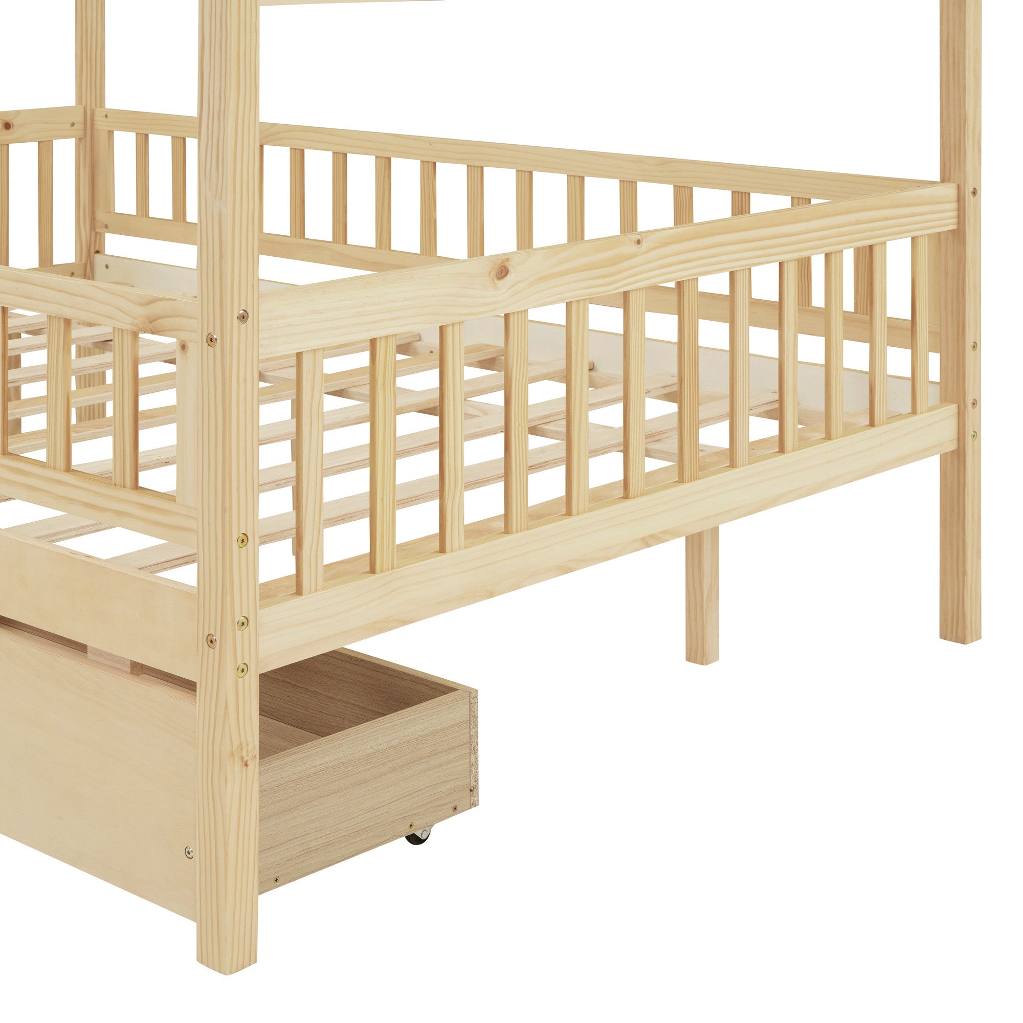 Side view of Natural Wood Full Canopy Bed Frame showcasing storage drawers