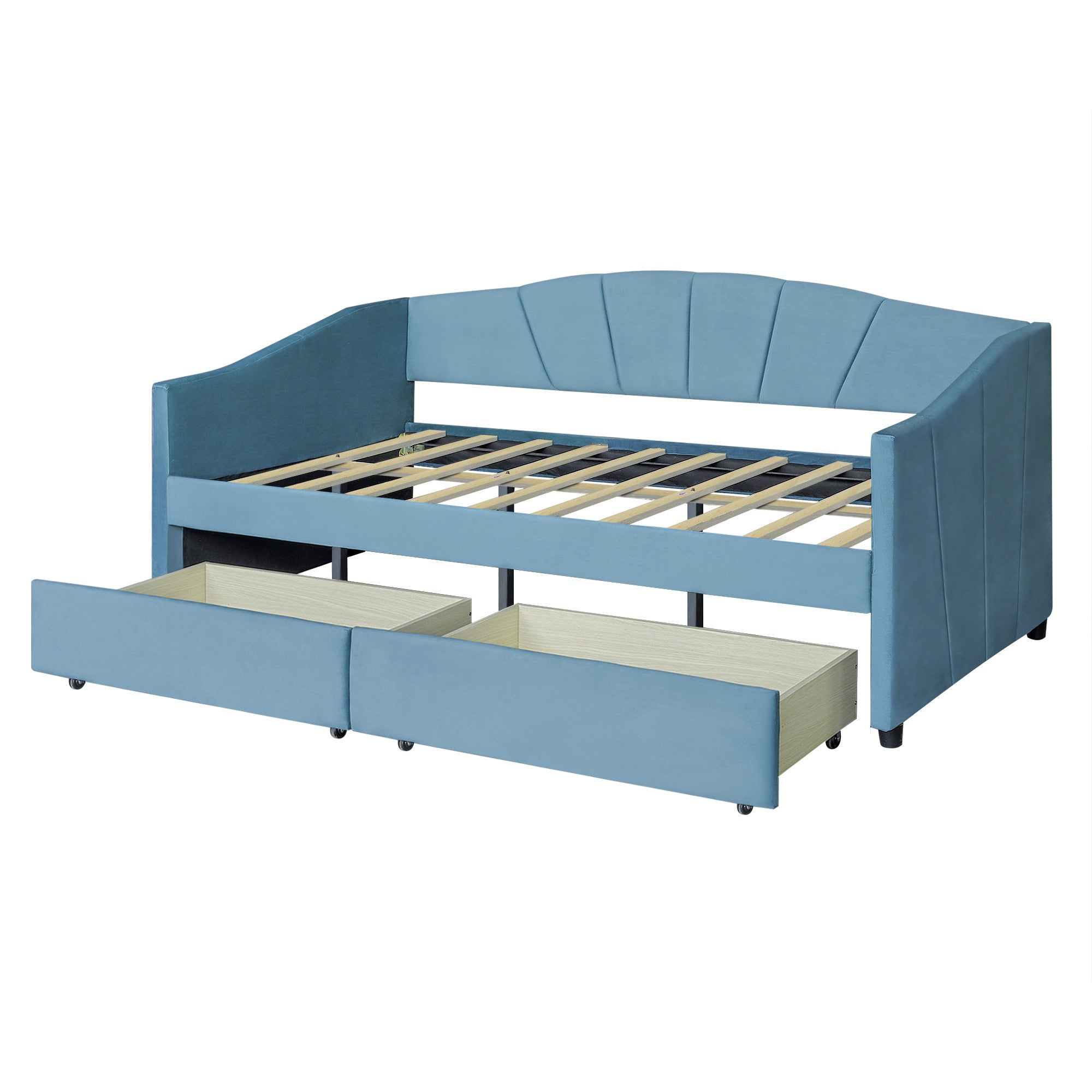 Front view of Luxurious Blue Upholstered Twin Bed Frame with Drawers by Homeroots