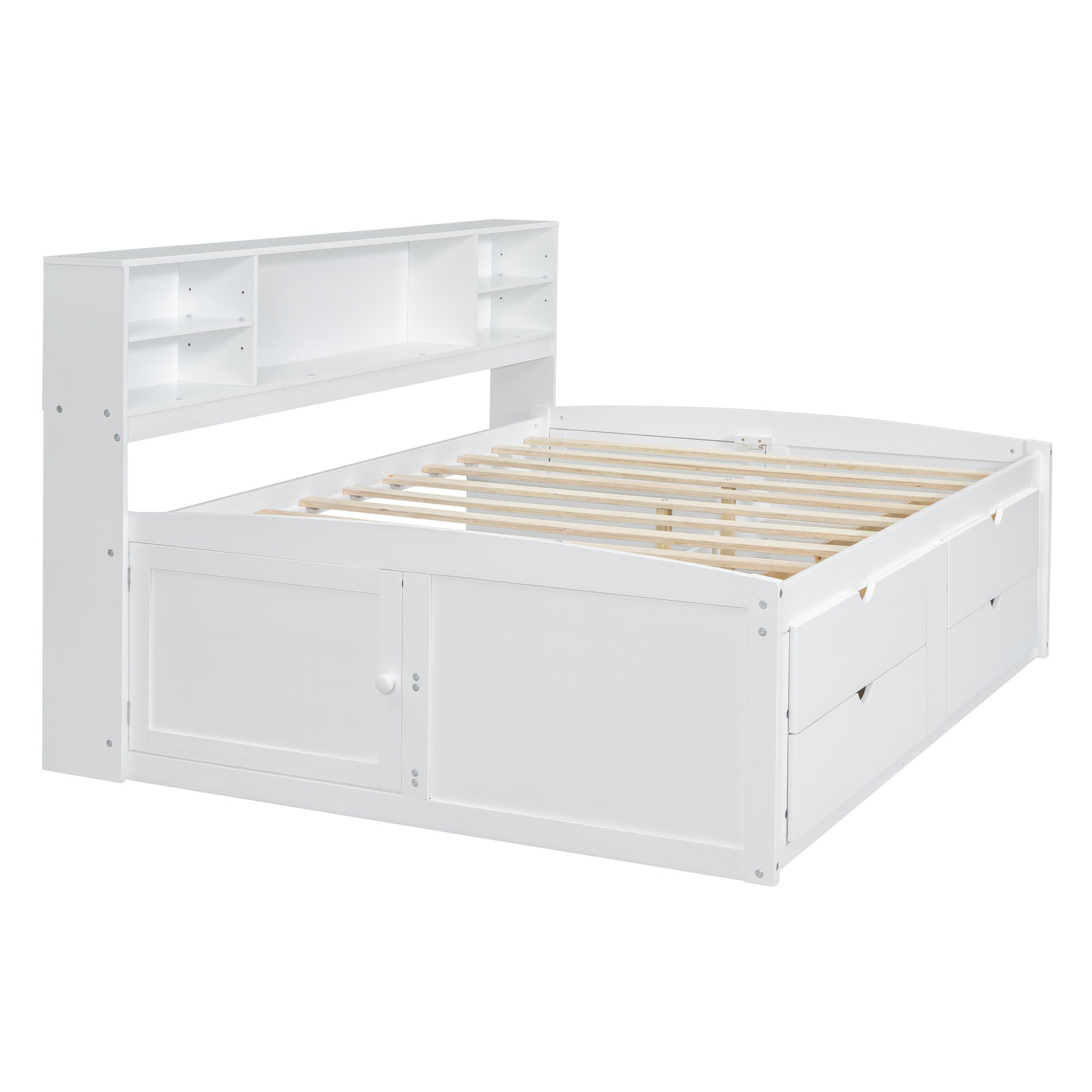 Side view showcasing the Elegant White Wood Full Bed Frame with Drawers