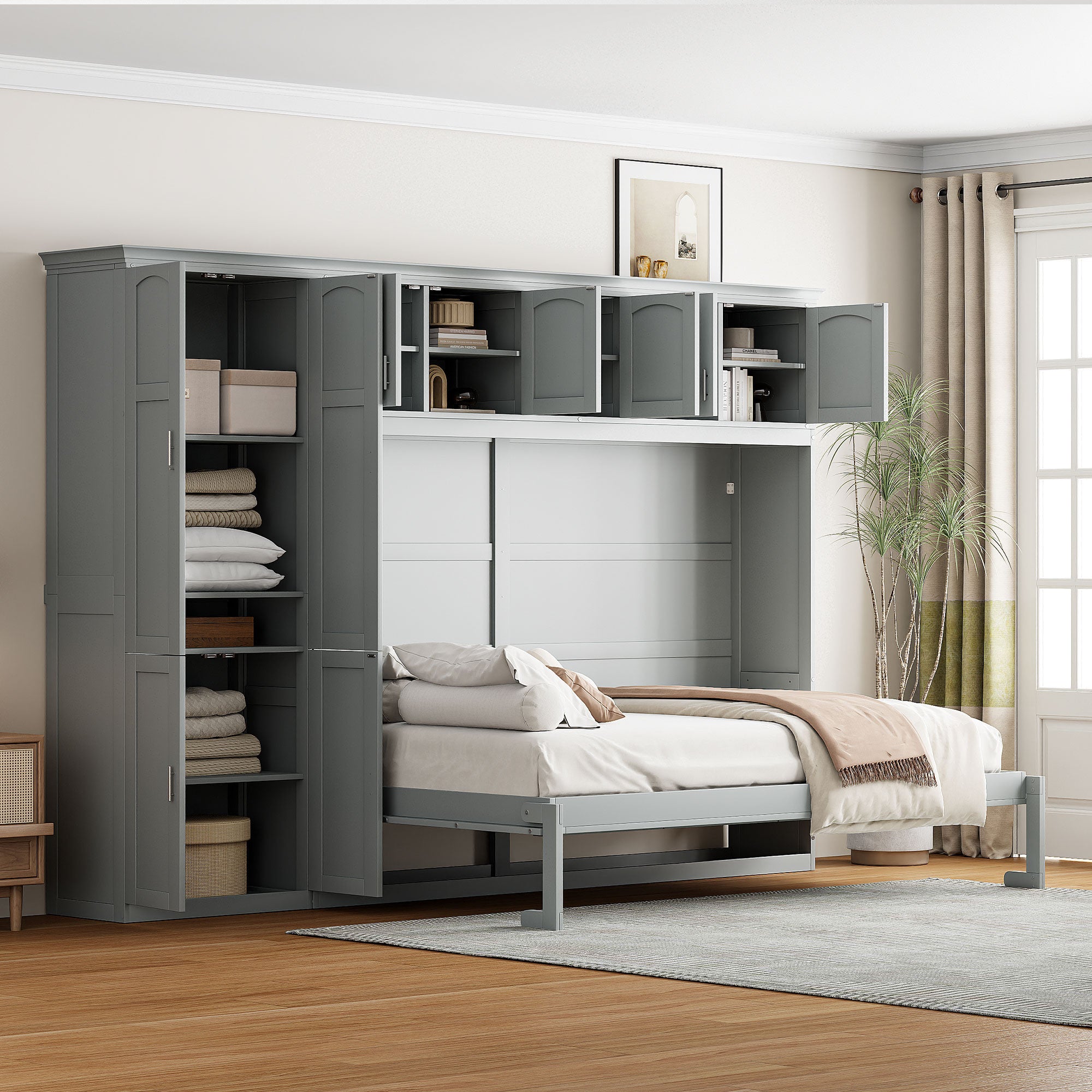 Gray Wood Queen Murphy Bed open with bedding displayed