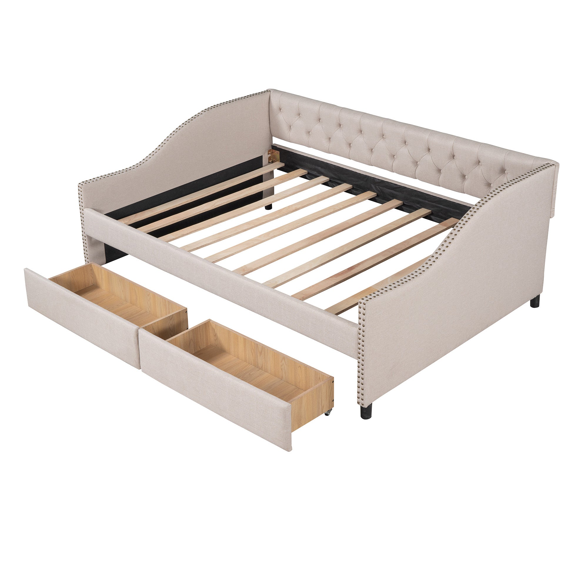 Beige Upholstered Full Bed Frame With Drawers