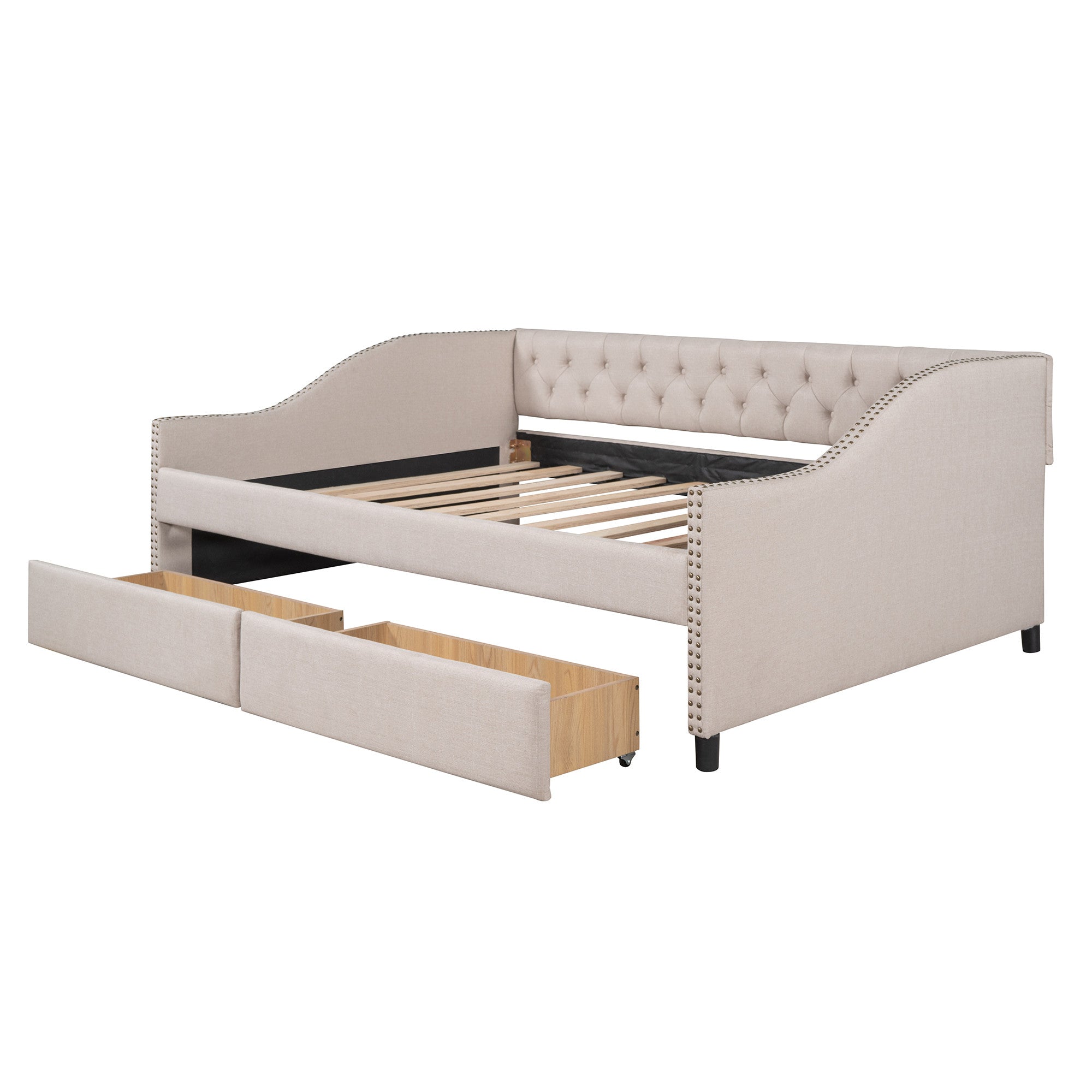 Beige Upholstered Full Bed Frame With Drawers