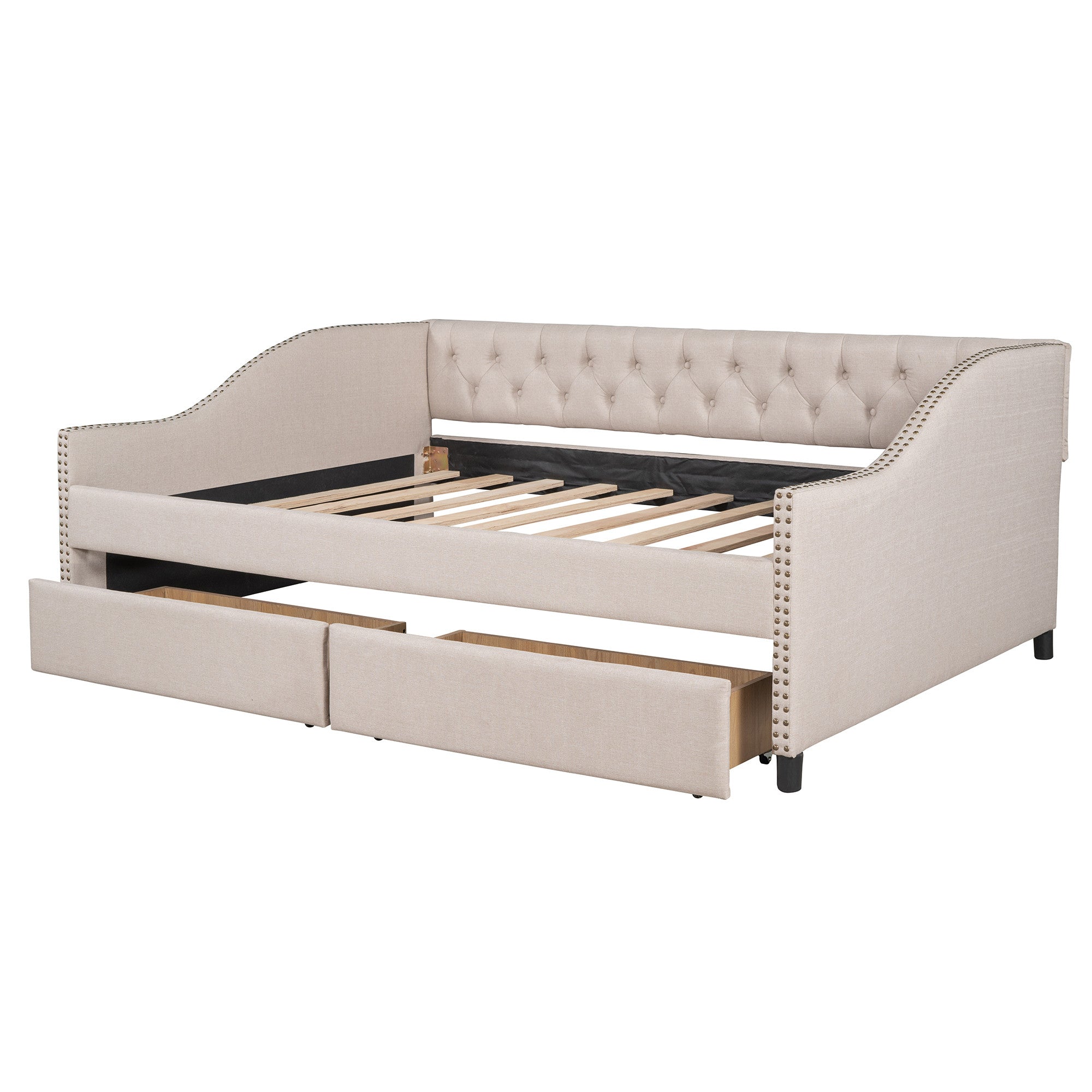 Beige Upholstered Full Bed Frame With Drawers