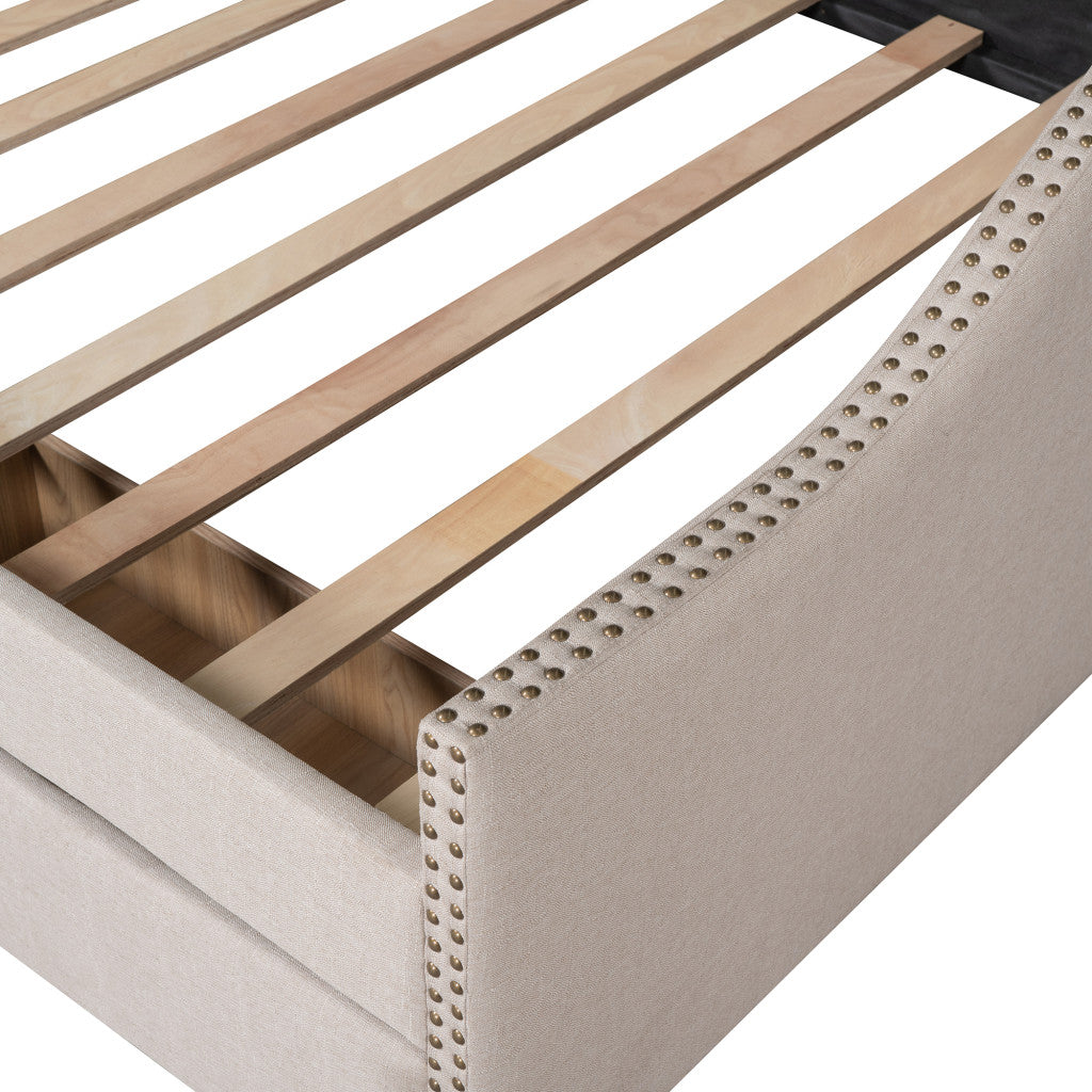 Beige Upholstered Full Bed Frame With Drawers