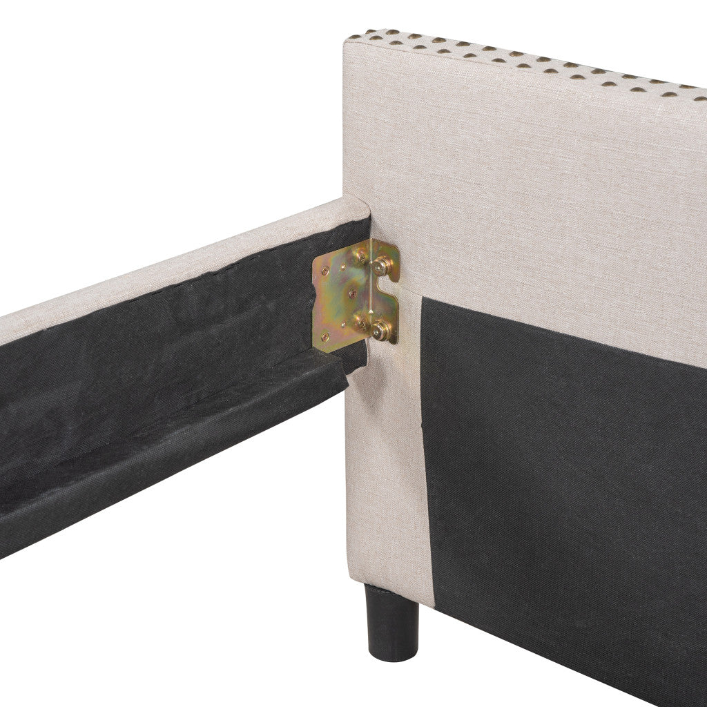 Beige Upholstered Full Bed Frame With Drawers