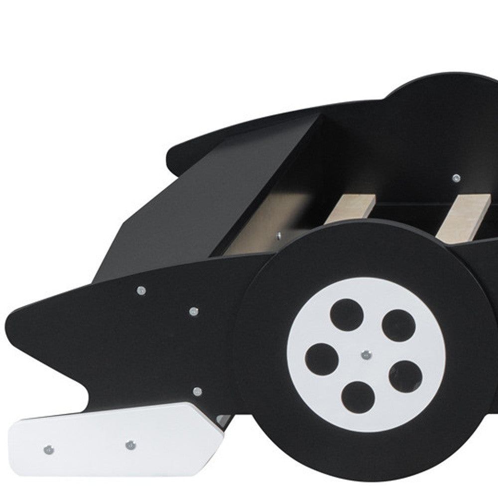 Lifestyle image of Black Wood Full Bed Frame with bedding