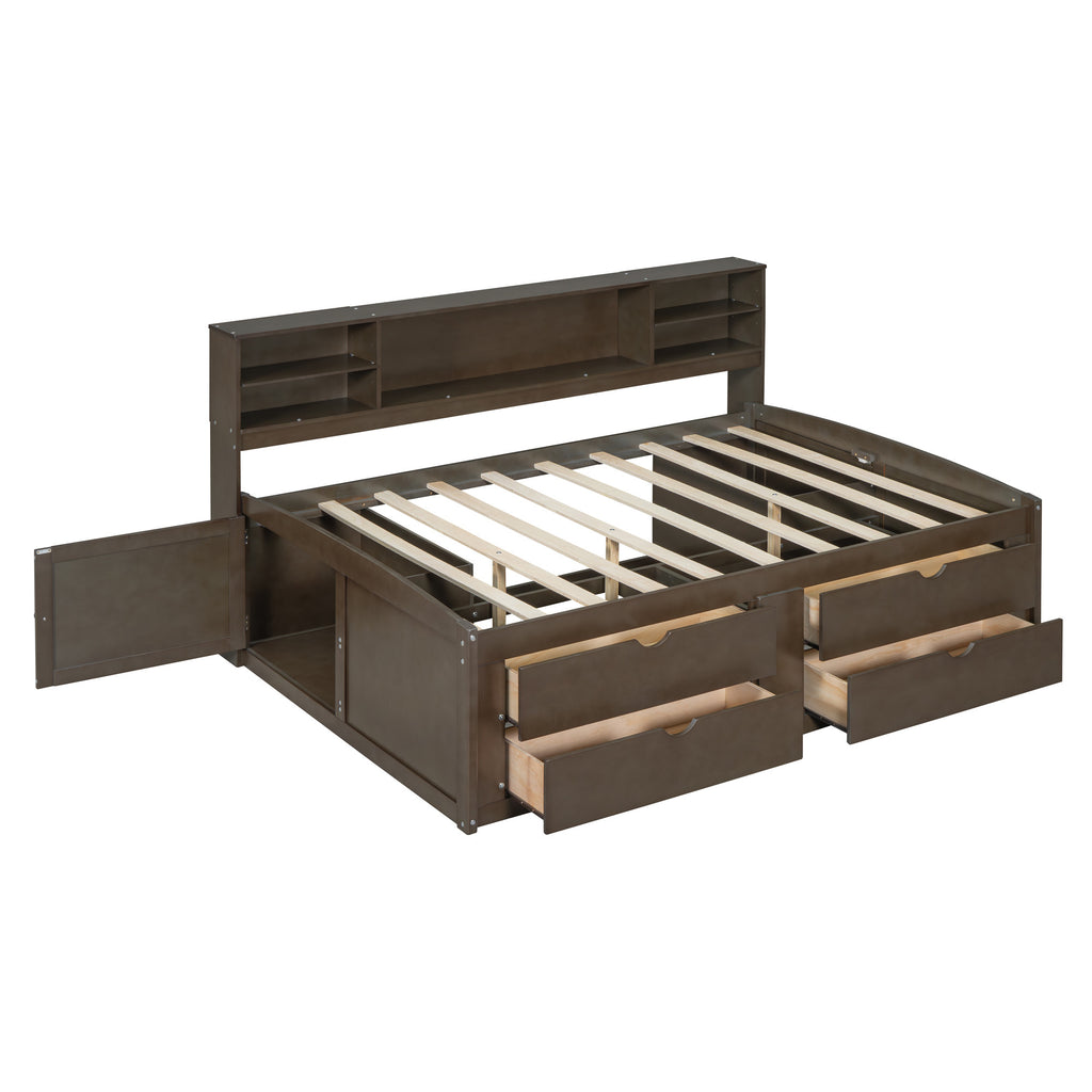 Top view of Luxurious Brown Wood Full Bed Frame with linens and pillows