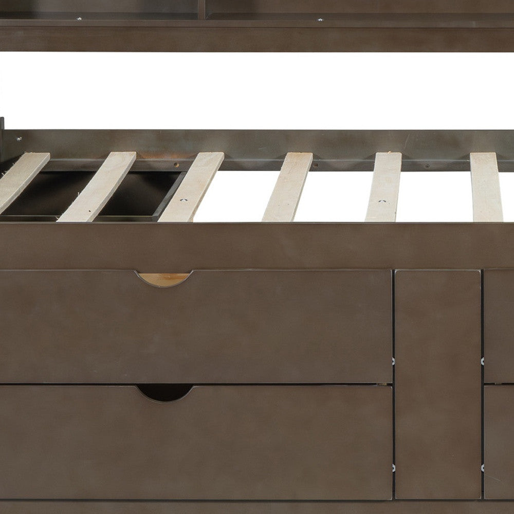 Side angle of Luxurious Brown Wood Full Bed Frame showcasing storage drawers