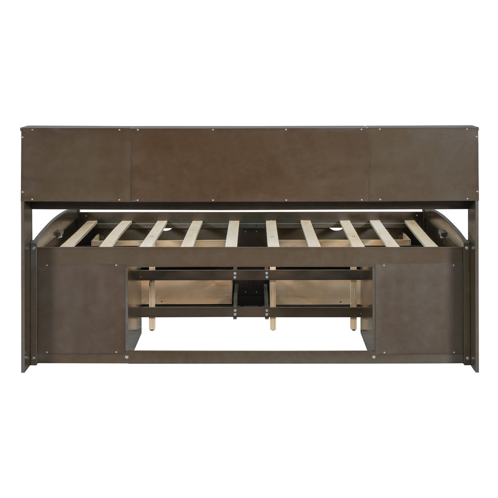 Front view of Luxurious Brown Wood Full Bed Frame with Storage Drawers by Homeroots