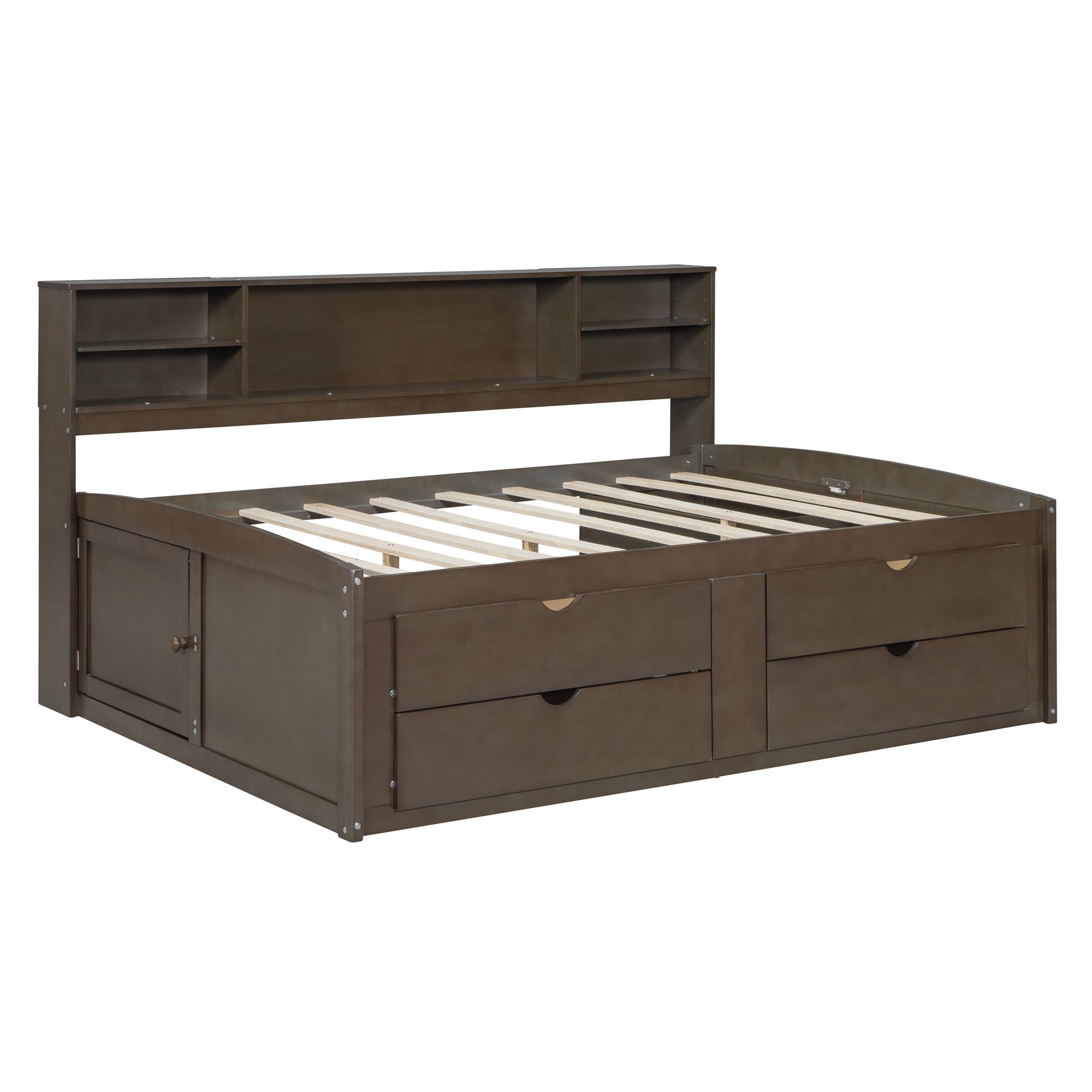 Brown Wood Full Bed Frame with drawers open displaying storage space