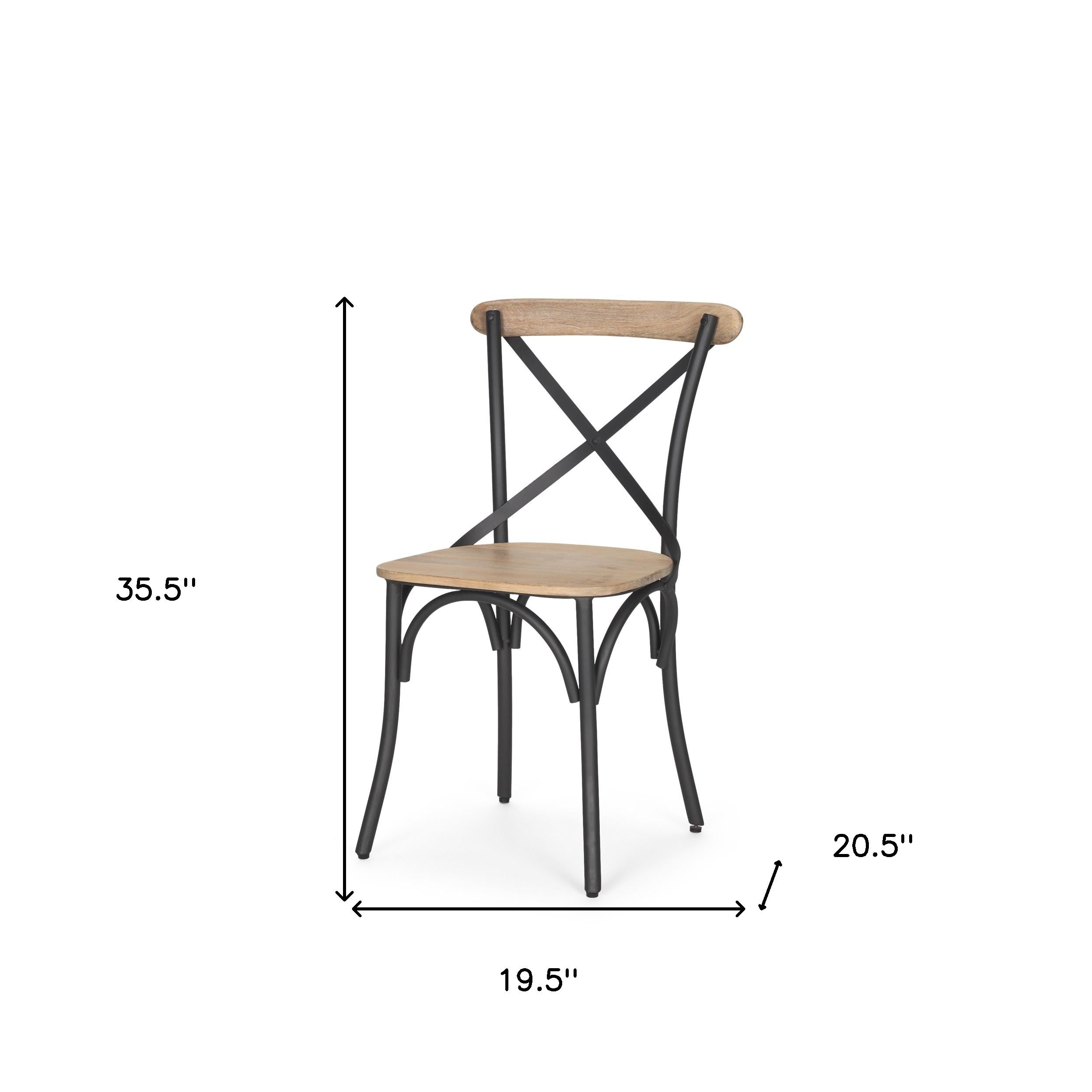 Light Brown and Black Solid Wood And Iron Cross Back Dining Side Chair