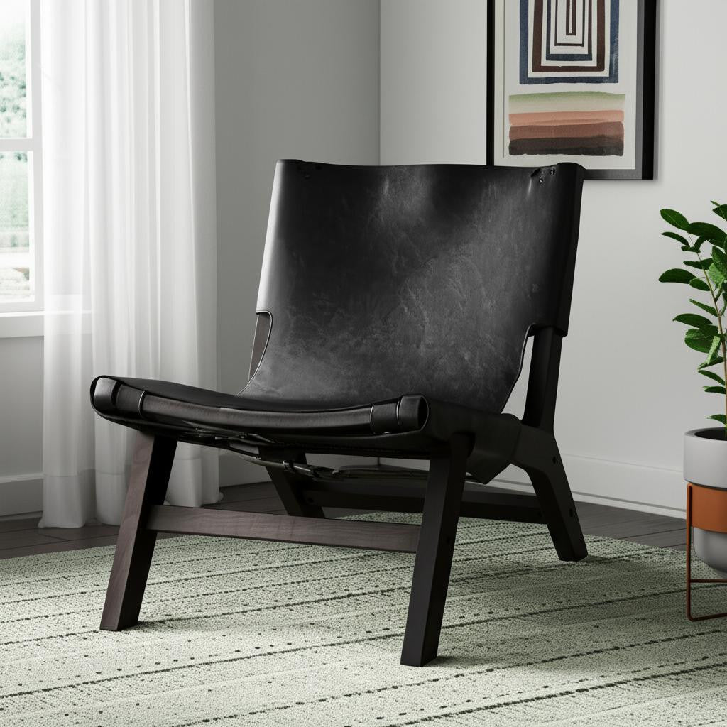 Back view highlighting the sturdy frame of 32" Black Genuine Leather Slipper Chair