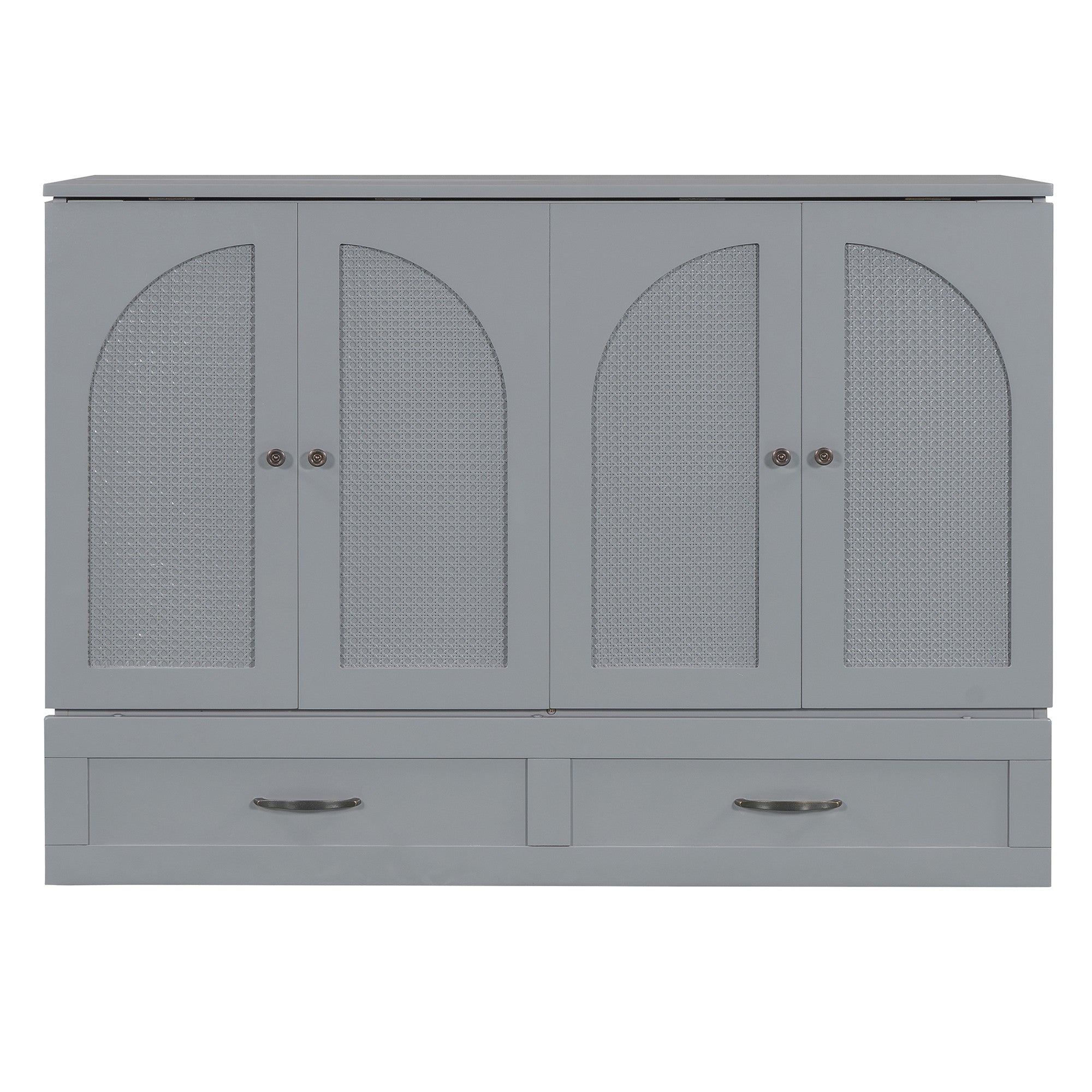 Front view of Elegant Gray Wood Full Murphy Bed with Drawers