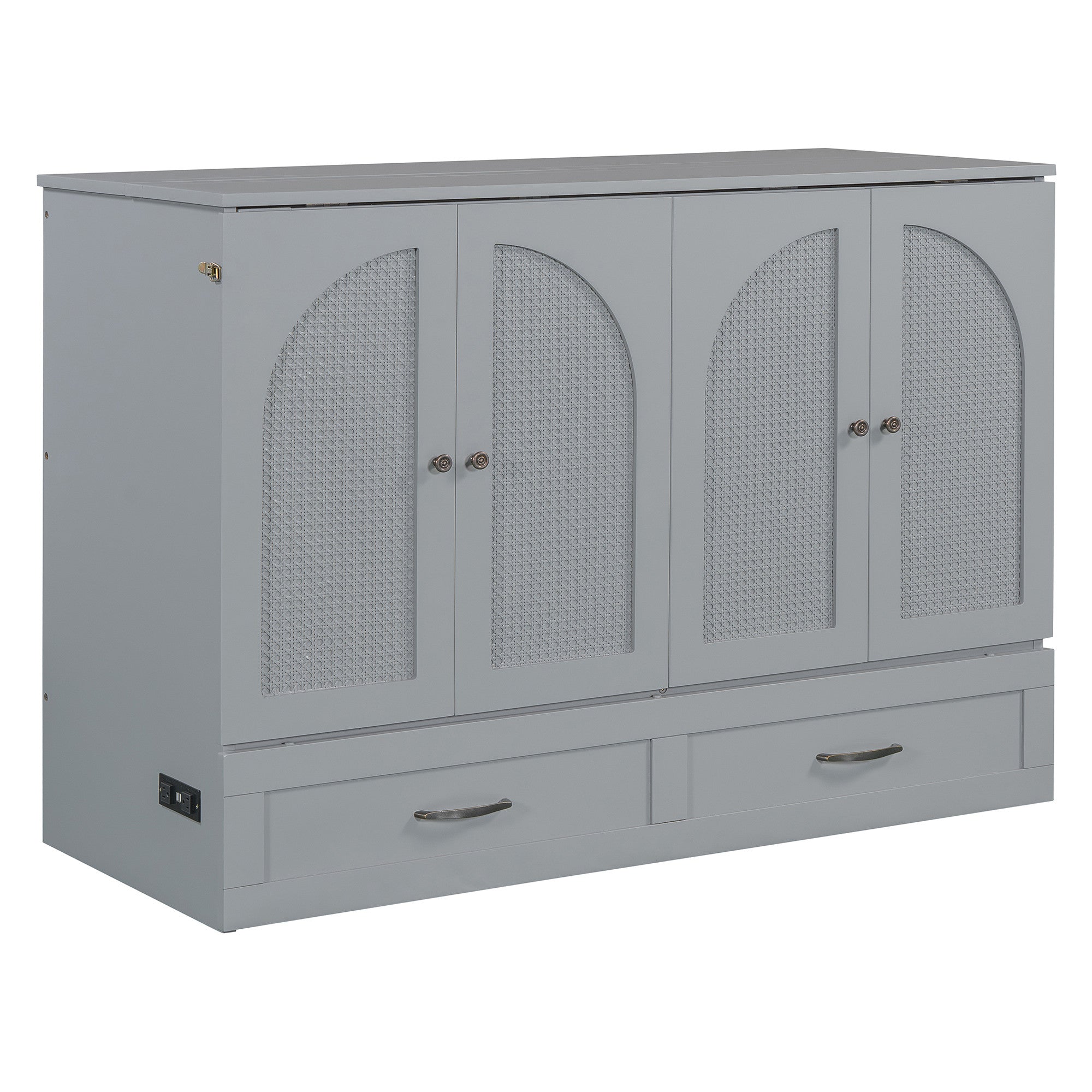 Elegant Gray Wood Full Murphy Bed with bedding displayed