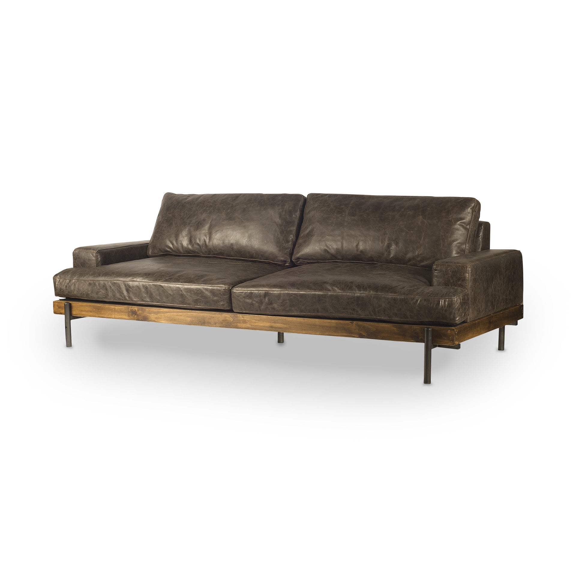 94" Brown Leather Sofa With Black Legs