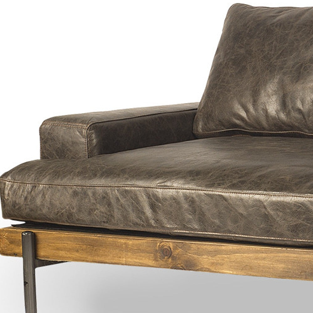 94" Brown Leather Sofa With Black Legs