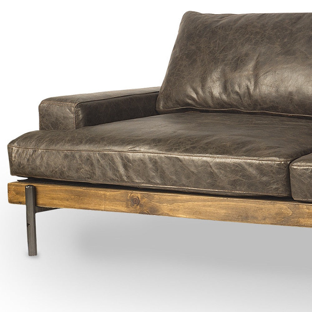 94" Brown Leather Sofa With Black Legs