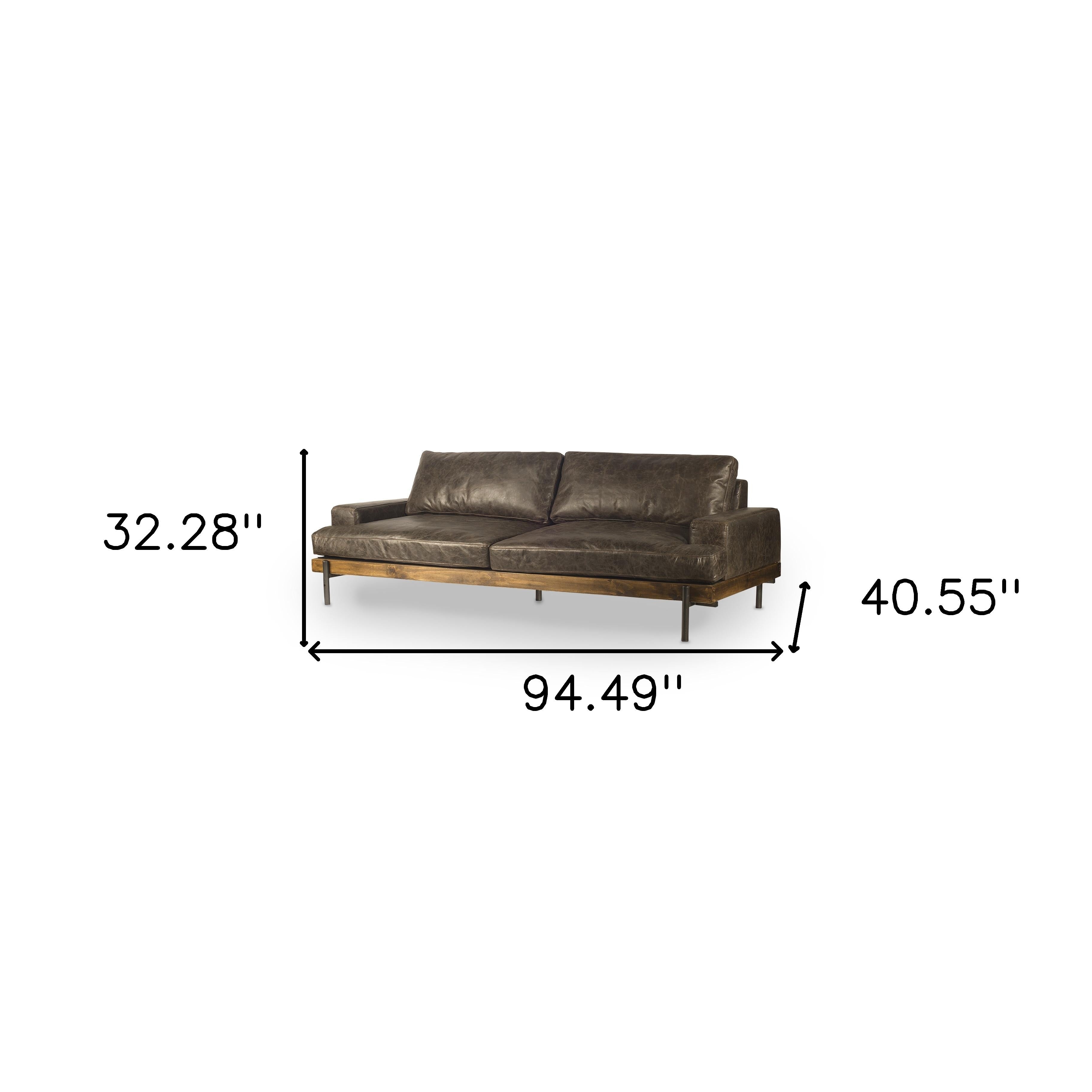 94" Brown Leather Sofa With Black Legs