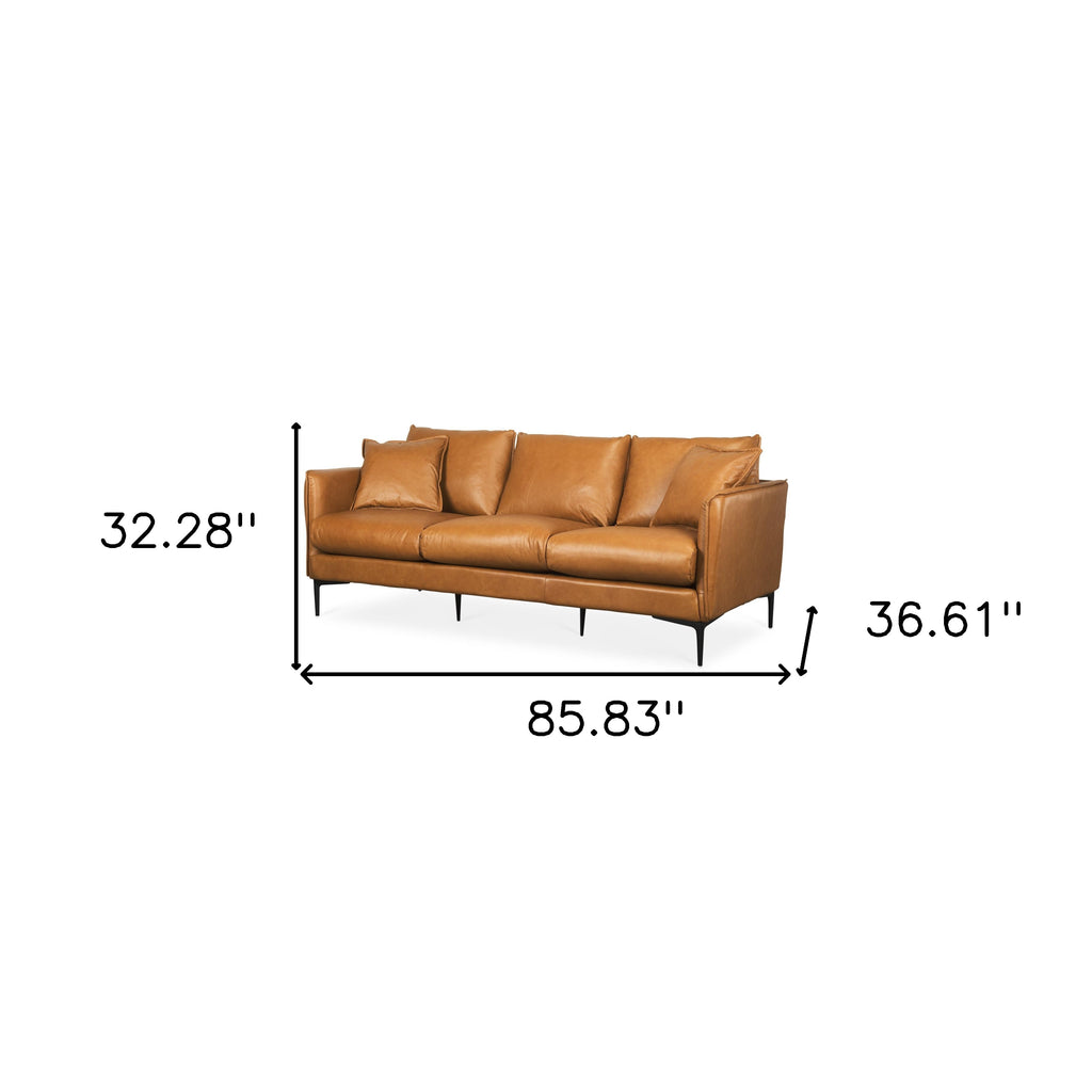 86" Tan Leather Sofa And Toss Pillows With Black Legs