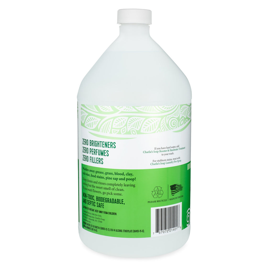 Charlie's Soap Laundry Gel being poured into a washing machine