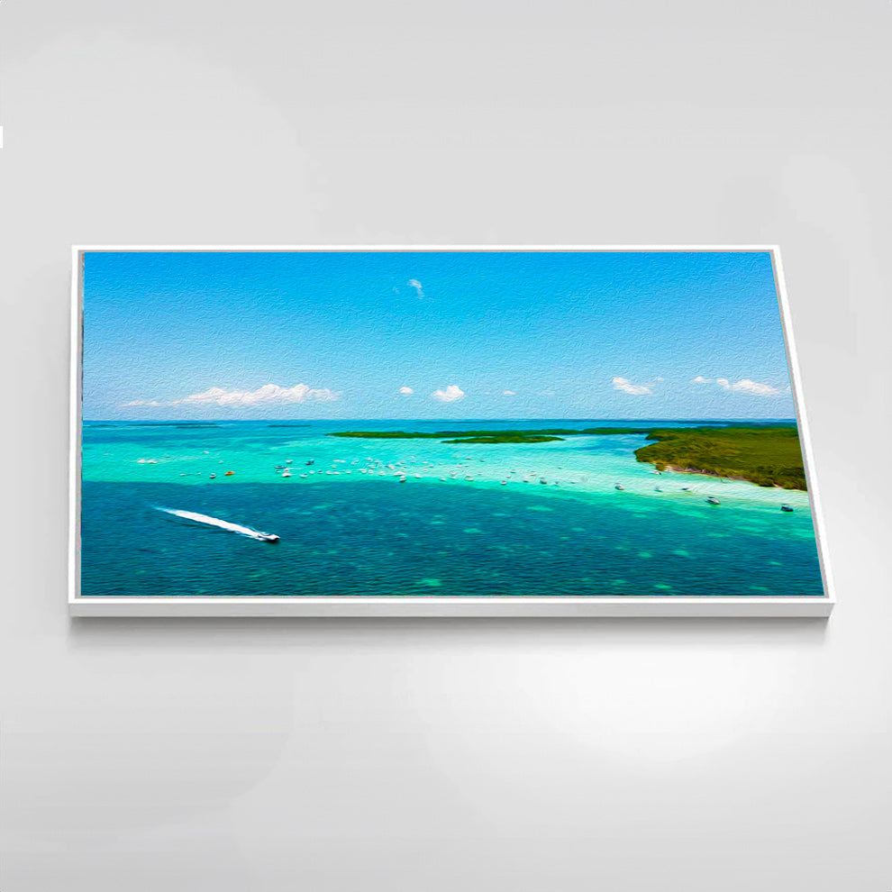 Living room display featuring 'Boat Life' Giclee canvas print in serene setting
