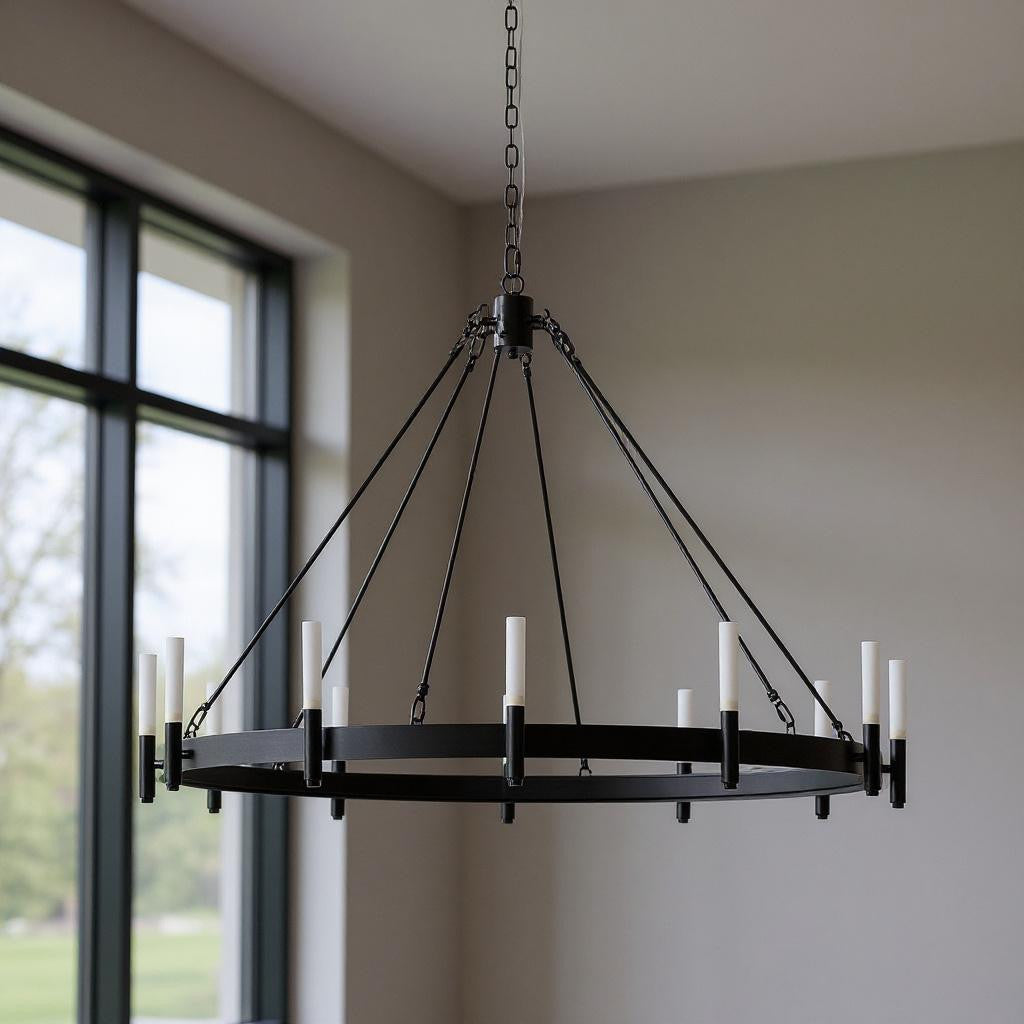 Room setting with Black Candle-Style Twelve-Light Dimmable Chandelier illuminated