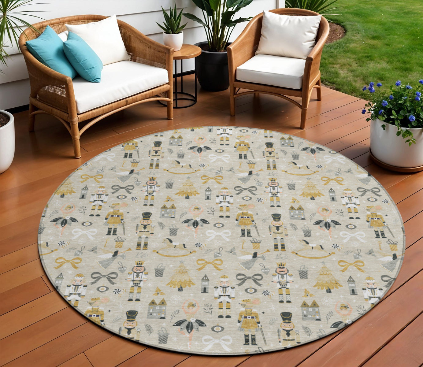 8' round village houses rug styled in a modern living space