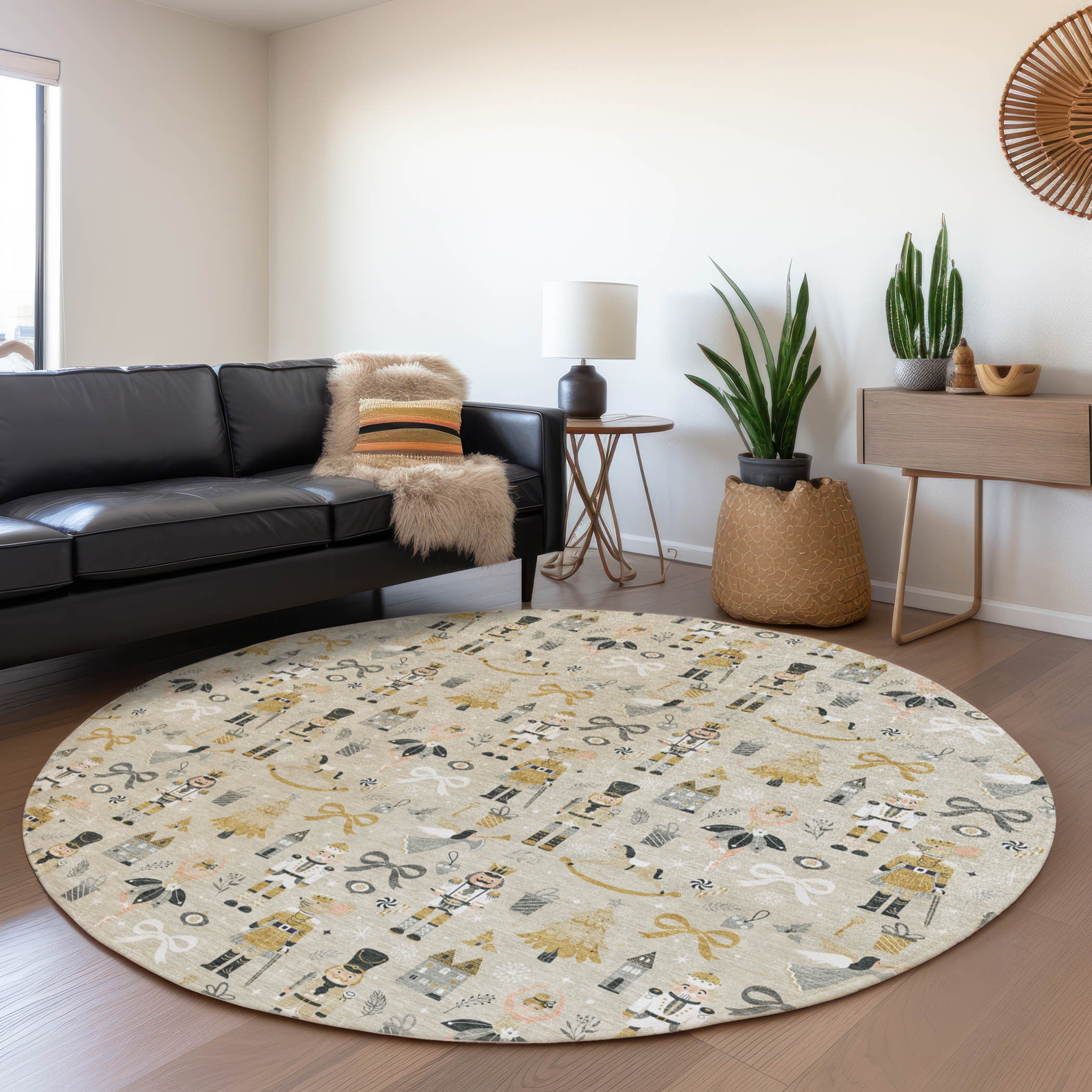 Top view of 8' round village houses rug by Homeroots in beige and gold