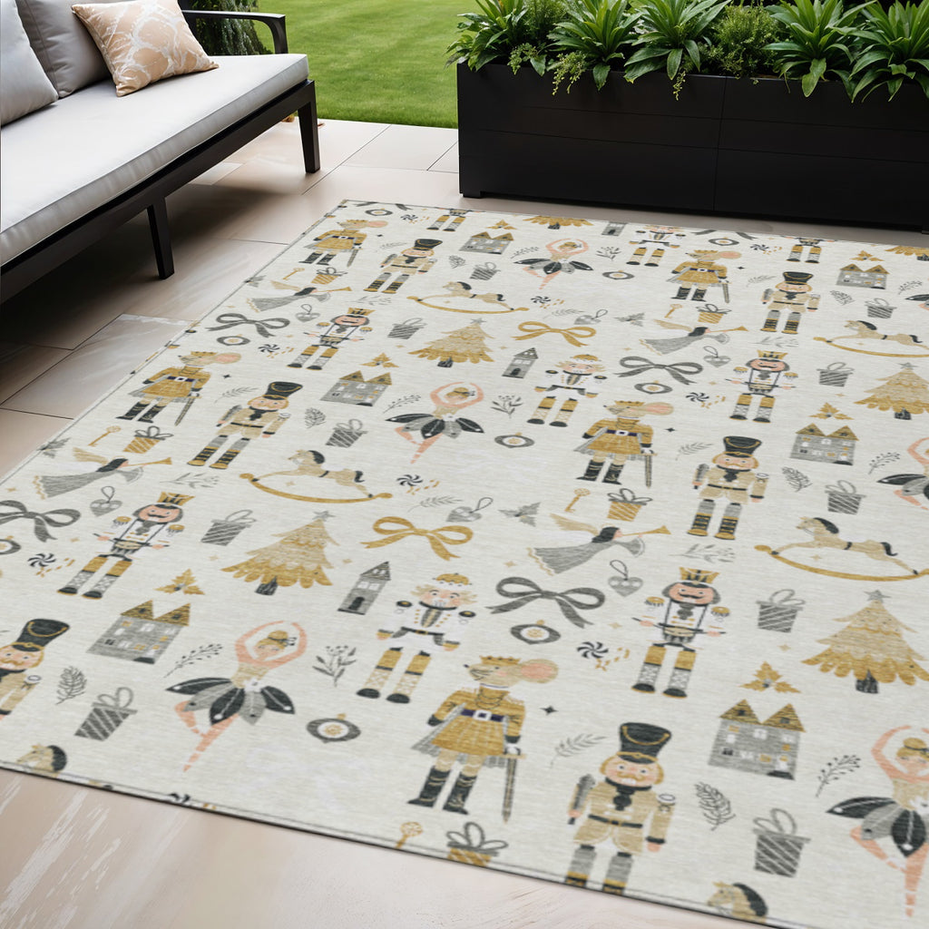 5' x 8' Ivory Gold Village Houses Rug in high-traffic hallway