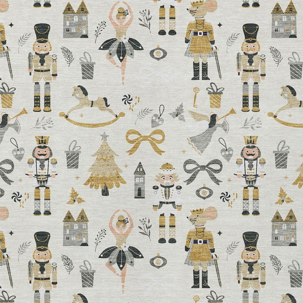 Close-up of durable fabric of 5' x 8' Ivory Gold Village Houses Rug