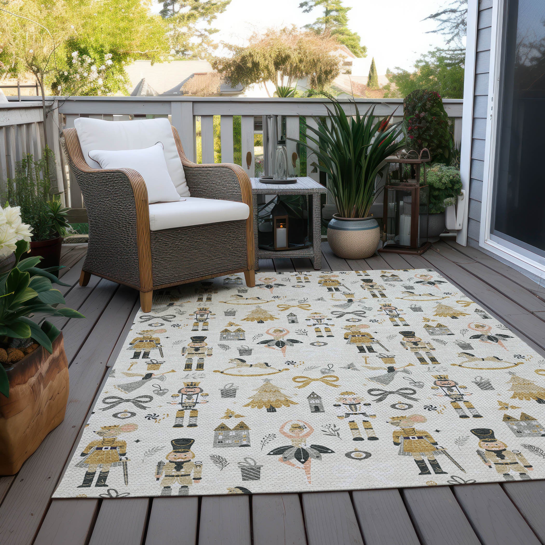 Stylish 8' x 10' rug with village houses design on a porch