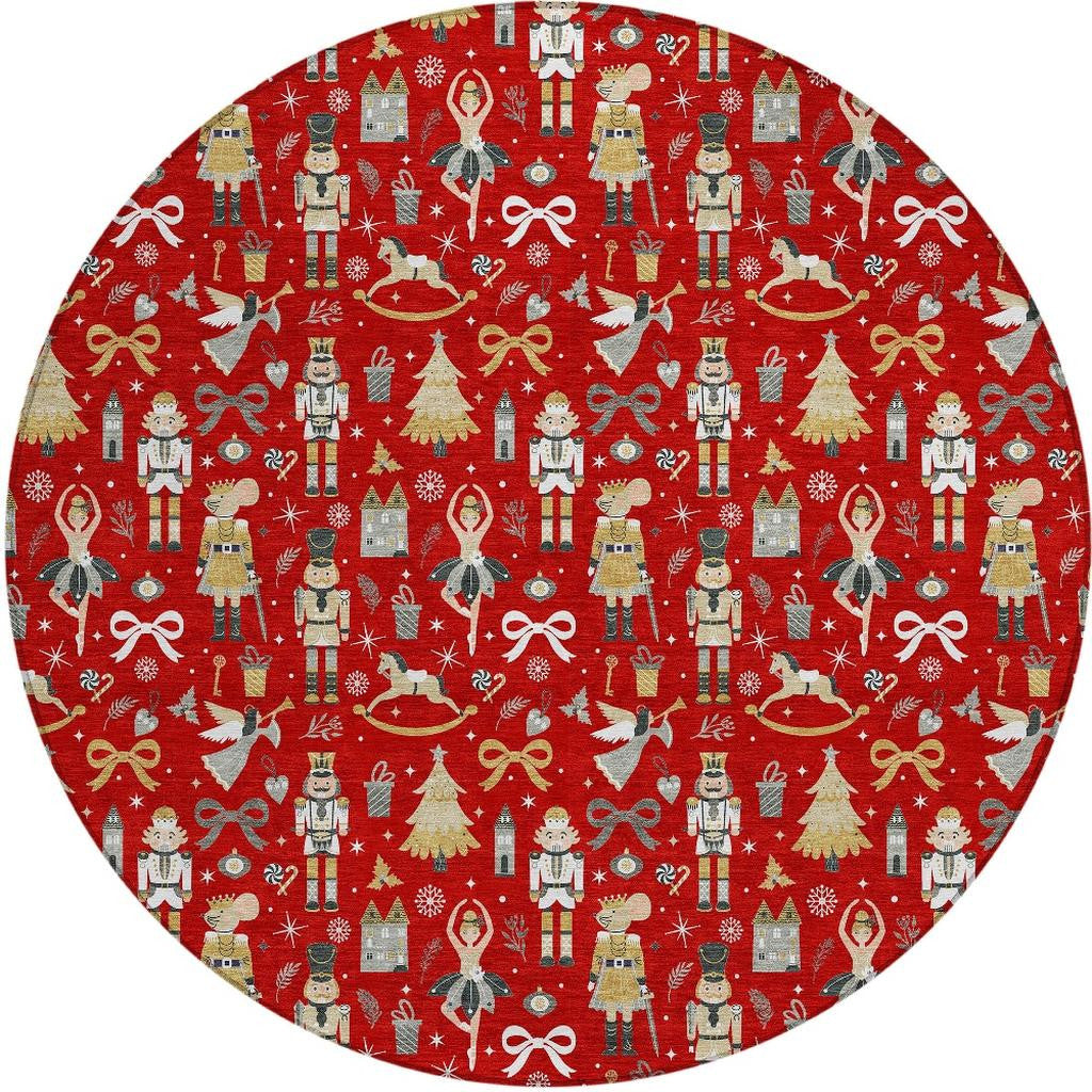 8' Red Gold Black And Gray Round Village Houses Washable Indoor Outdoor Area Rug