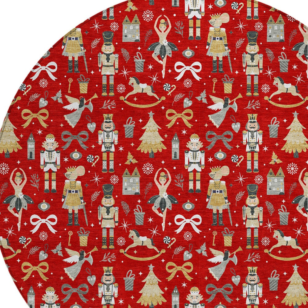 8' Red Gold Black And Gray Round Village Houses Washable Indoor Outdoor Area Rug