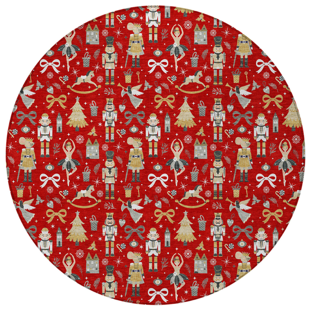 8' Red Gold Black And Gray Round Village Houses Washable Indoor Outdoor Area Rug