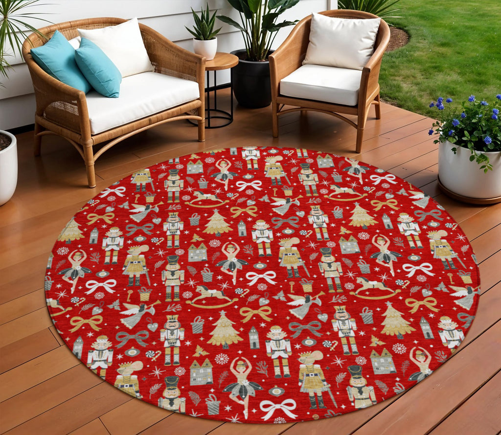 8' Red Gold Black And Gray Round Village Houses Washable Indoor Outdoor Area Rug