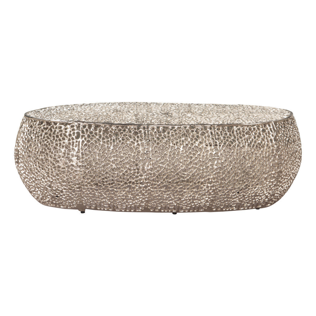 Top view of 50" Silver Aluminum Oval Coffee Table highlighting surface