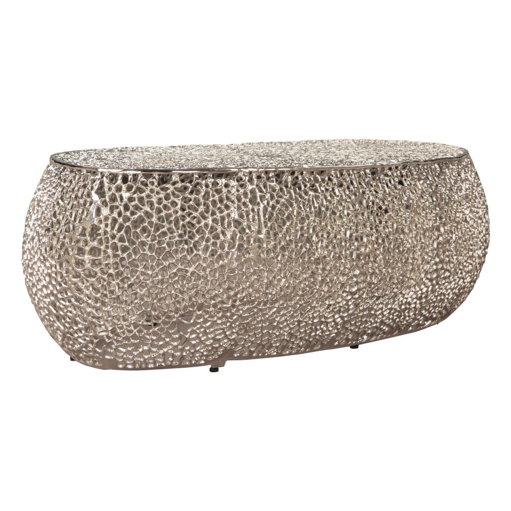Elegant 50" Silver Aluminum Oval Coffee Table in modern living room