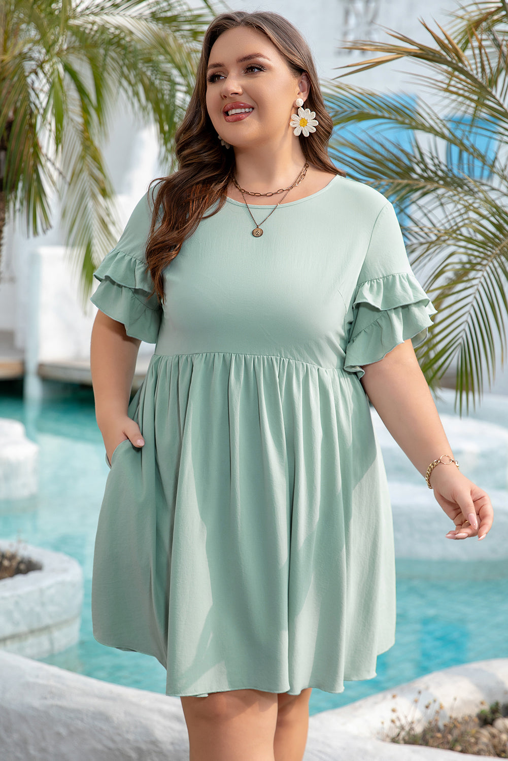 Elegant Gracie Plus Size Ruffle Mini Dress front view by Threaded Pear