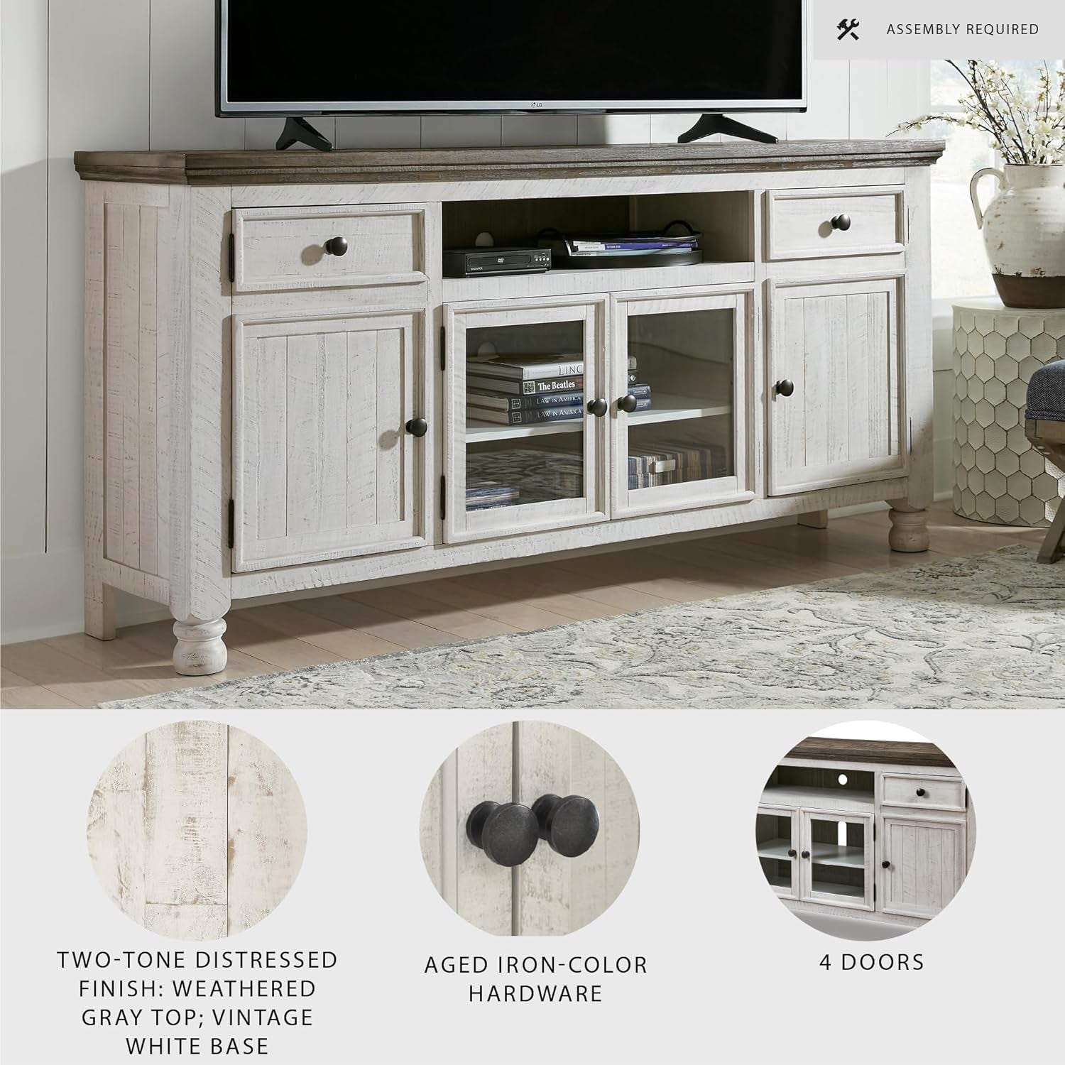 Farmhouse TV Stand Weathered Gray Seventy Two Inch Televisions