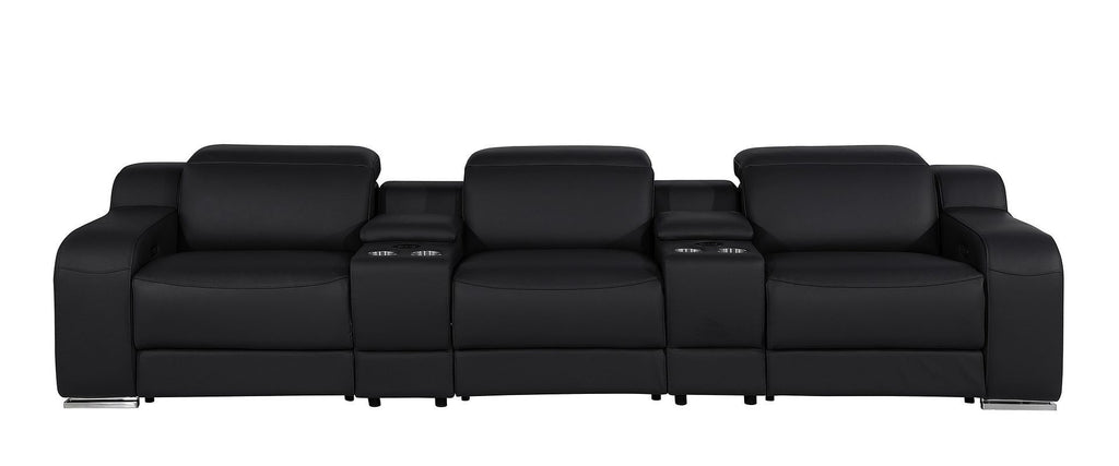 Close-up of the premium leather on the 129" Black Italian Leather Reclining USB Sofa