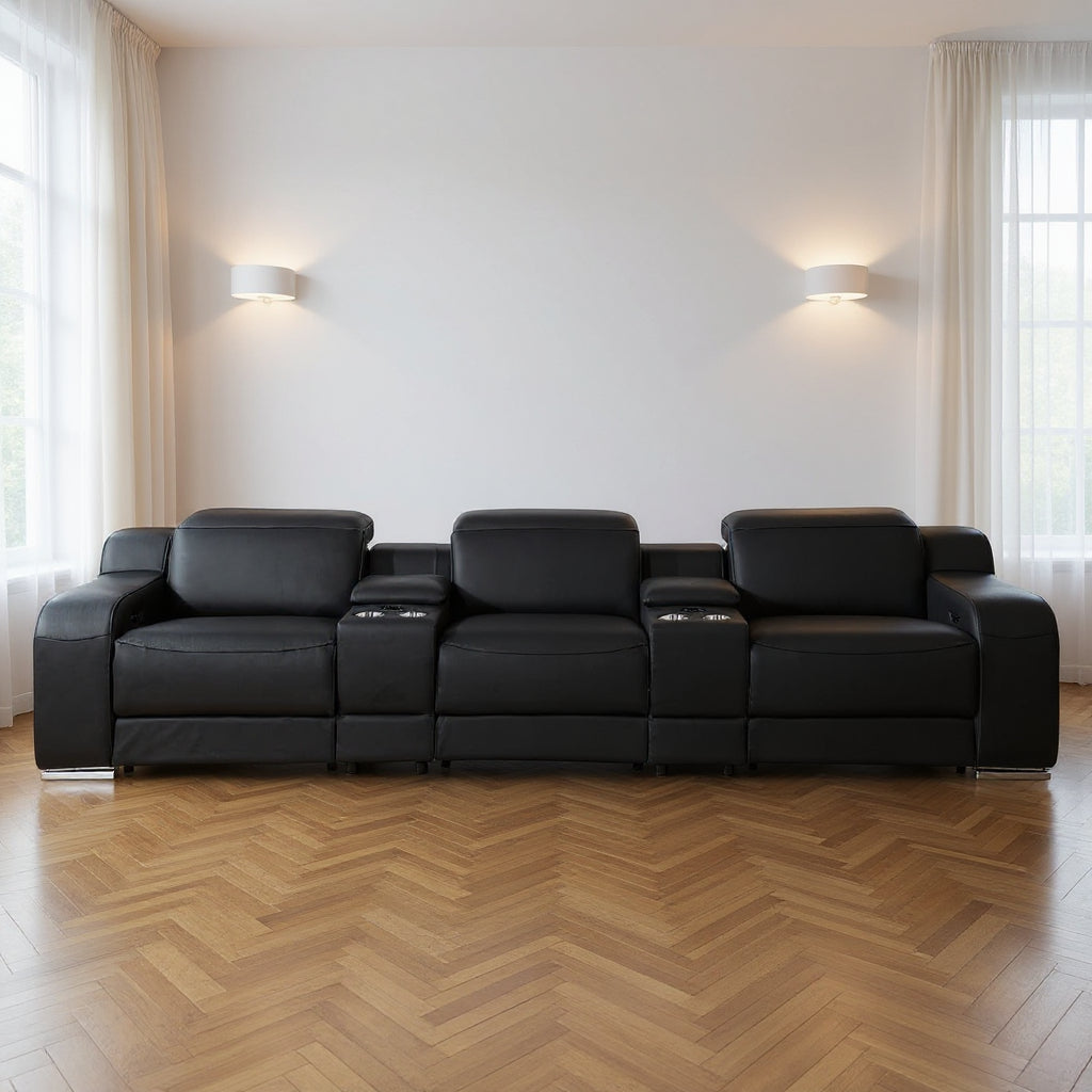 Front view of the 129" Black Italian Leather Reclining USB Sofa by Homeroots