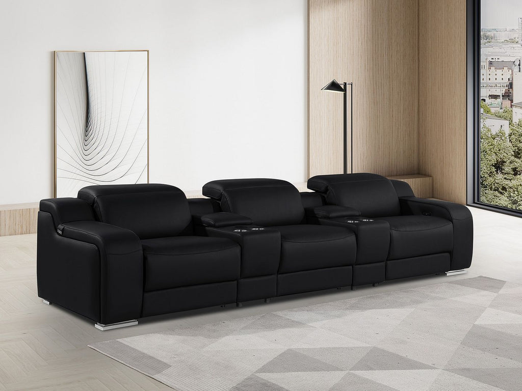 Adjustable headrest feature of the 129" Black Italian Leather Reclining USB Sofa